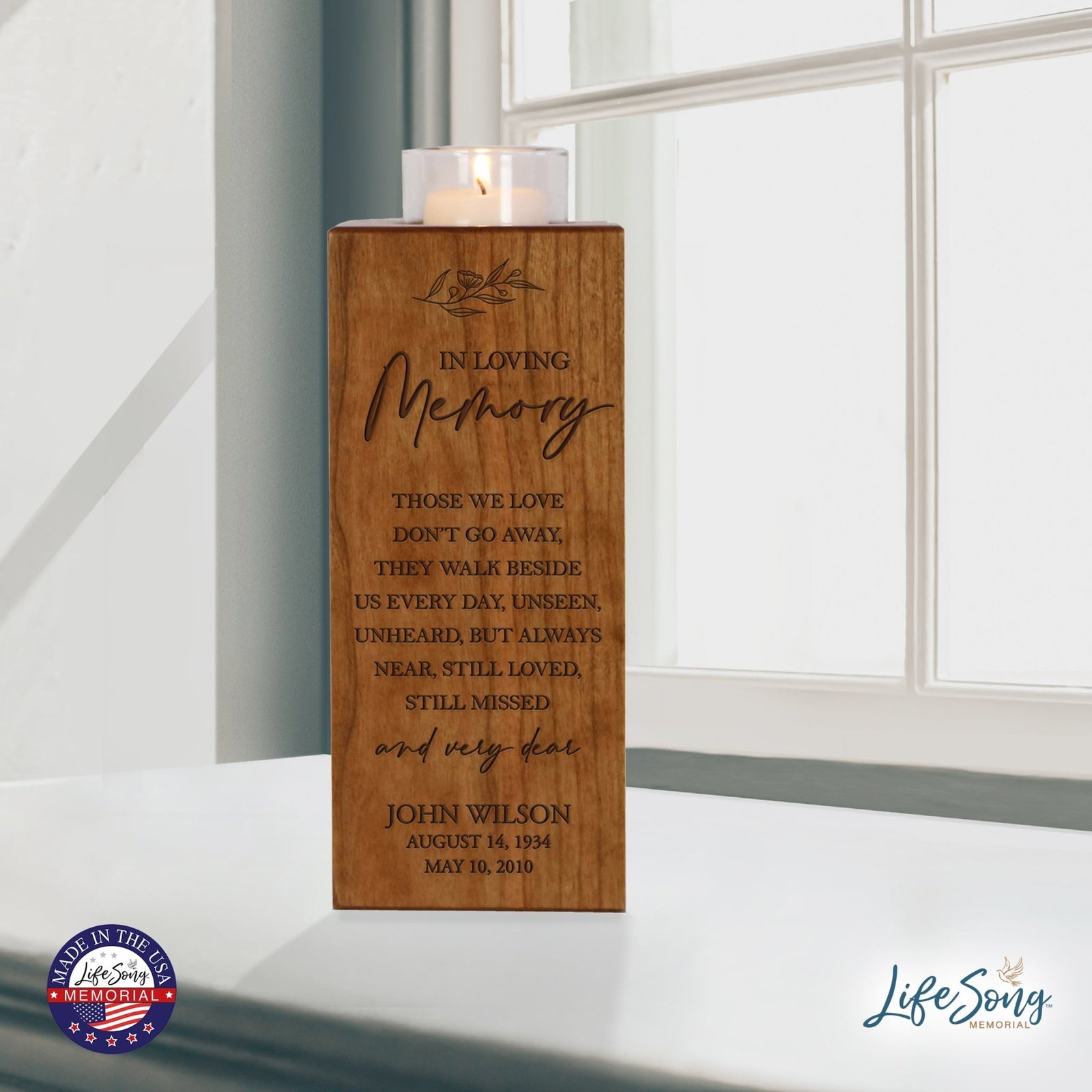 Custom Engraved Memorial Square Vertical Single Votive Candle Holder and Urn holds 70 cu in of ashes in English Verse (Dad) - LifeSong Milestones