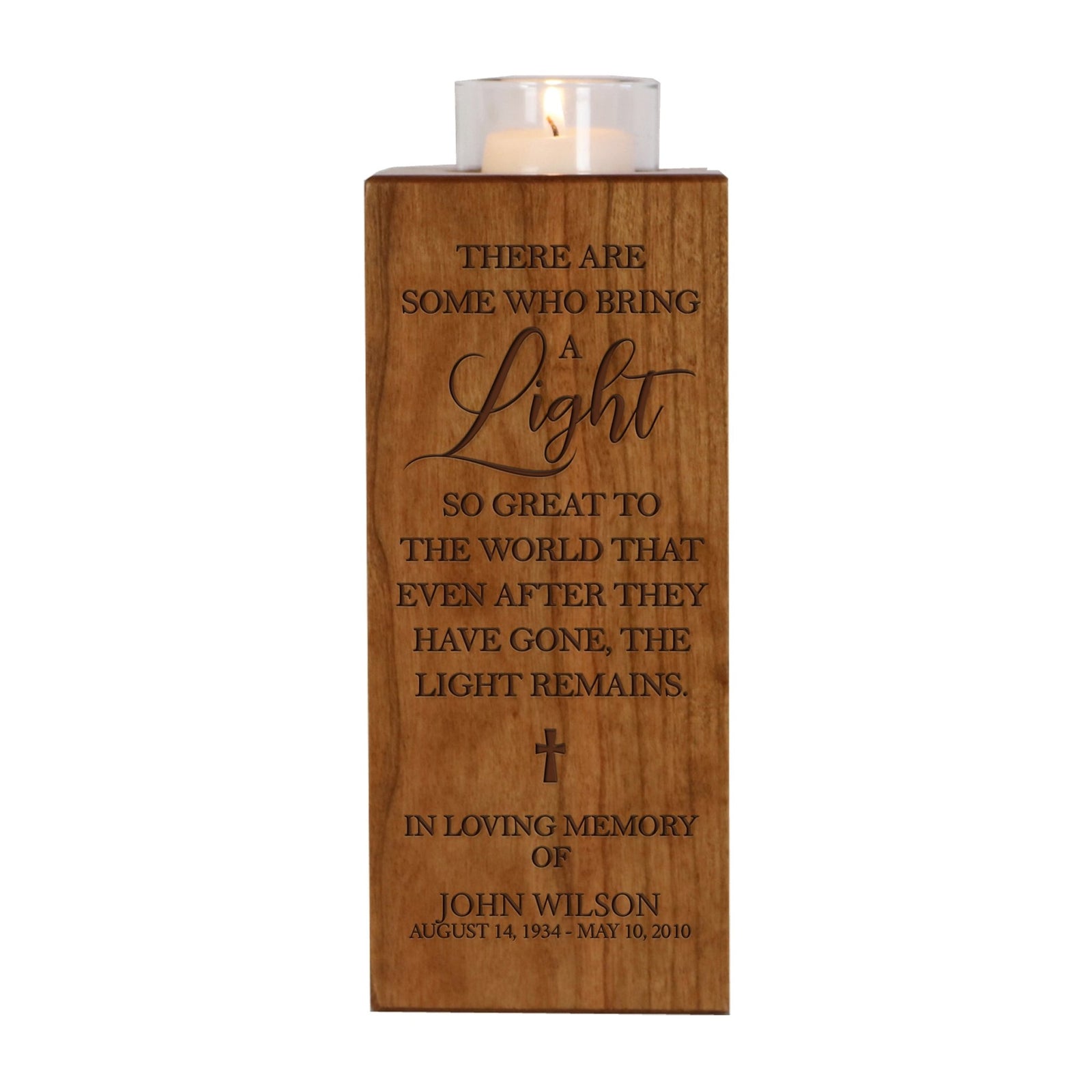 Custom Engraved Memorial Square Vertical Single Votive Candle Holder and Urn holds 70 cu in of ashes in English Verse (Family, Daughter, Brother and Husband) - LifeSong Milestones