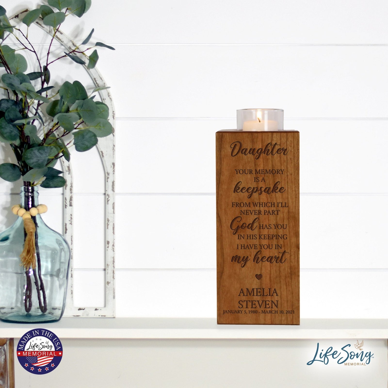 Custom Engraved Memorial Square Vertical Single Votive Candle Holder and Urn holds 70 cu in of ashes in English Verse (Family, Daughter, Brother and Husband) - LifeSong Milestones