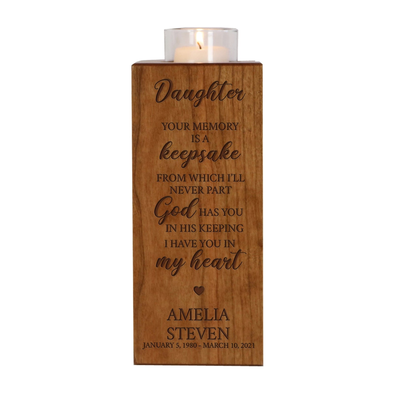 Custom Engraved Memorial Square Vertical Single Votive Candle Holder and Urn holds 70 cu in of ashes in English Verse (Family, Daughter, Brother and Husband) - LifeSong Milestones
