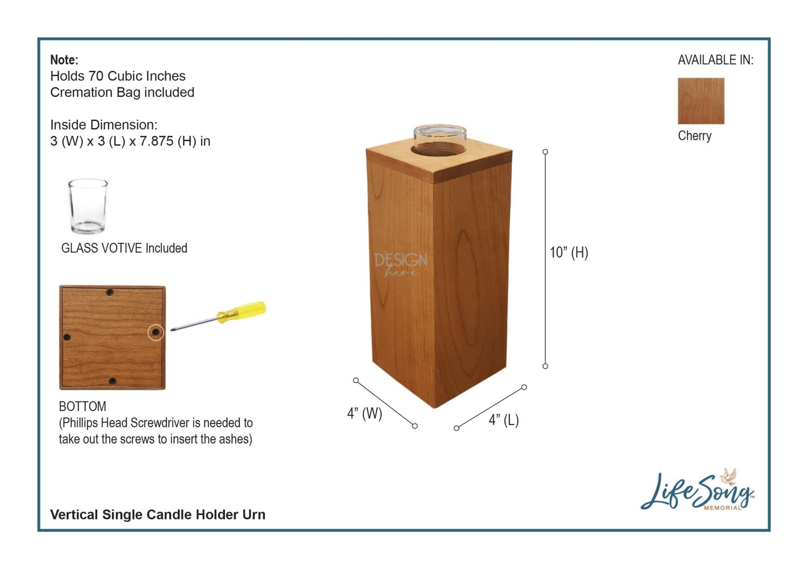 Custom Engraved Memorial Square Vertical Single Votive Candle Holder and Urn holds 70 cu in of ashes in English Verse (Family, Daughter, Brother and Husband) - LifeSong Milestones