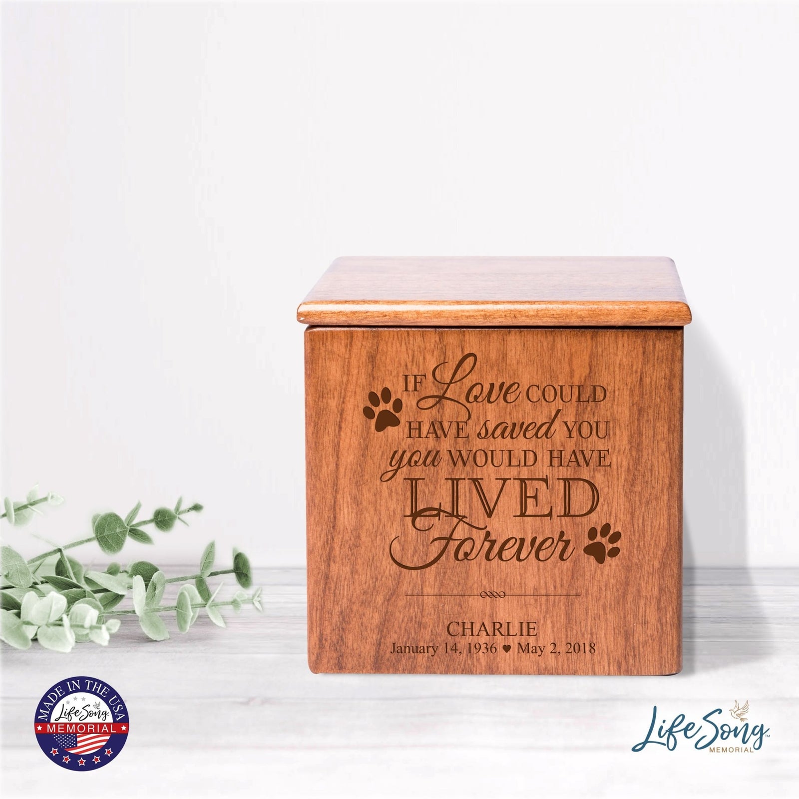 Personalized Pet Memorial Wooden Keepsake Cremation Urn Box for Dog or Cat