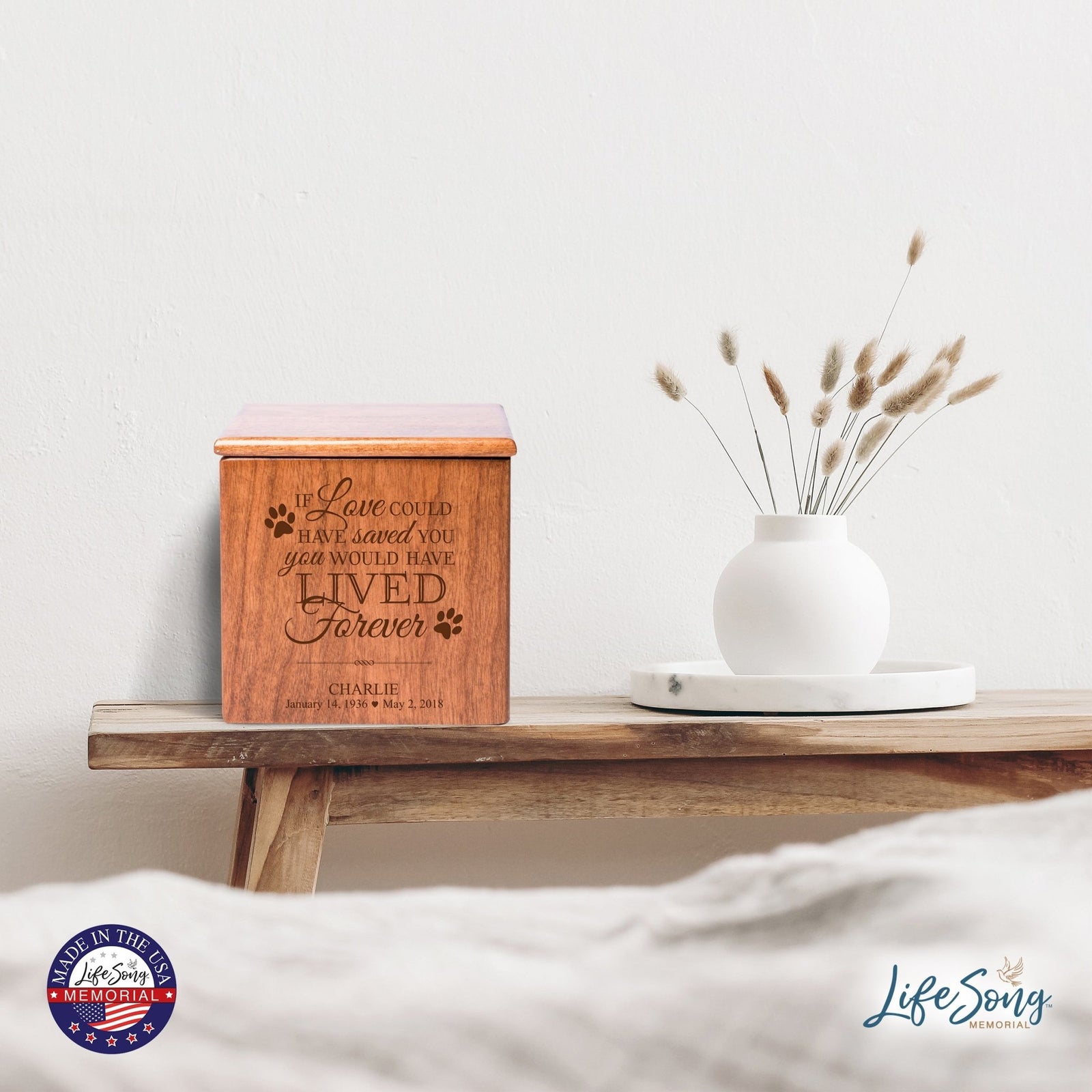 Custom Engraved Wooden Keepsake Urn Box for Pet Ashes