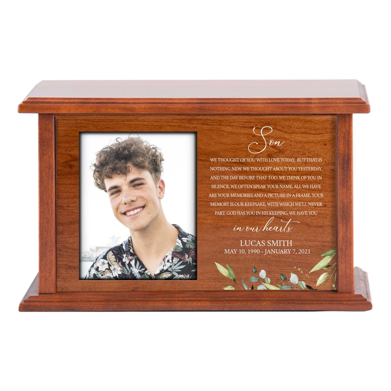 Customizable Wooden Urn Box with Photo for Son
