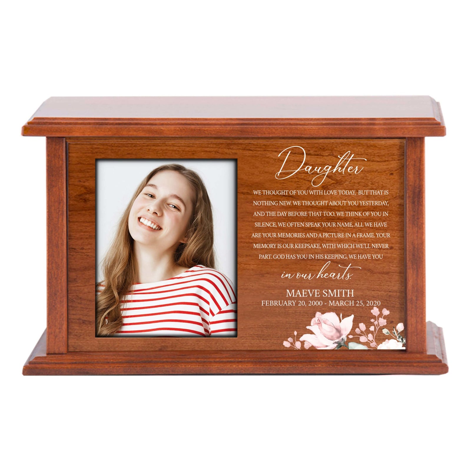 Beautifully Crafted Wooden Urn Box with Picture Frame for Daughter