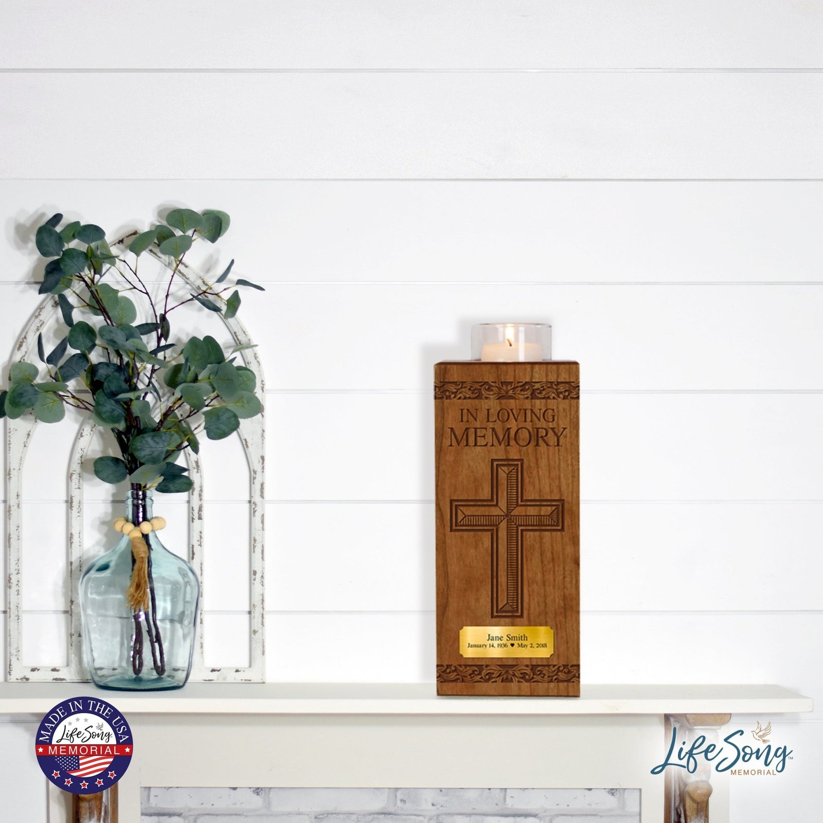 Custom Engraved Vertical 10x4 Memorial Votive Candle Holder and Keepsake Urn Box Holds 70 Cu Inches Of Human Ashes In Loving Memory Cross - LifeSong Milestones