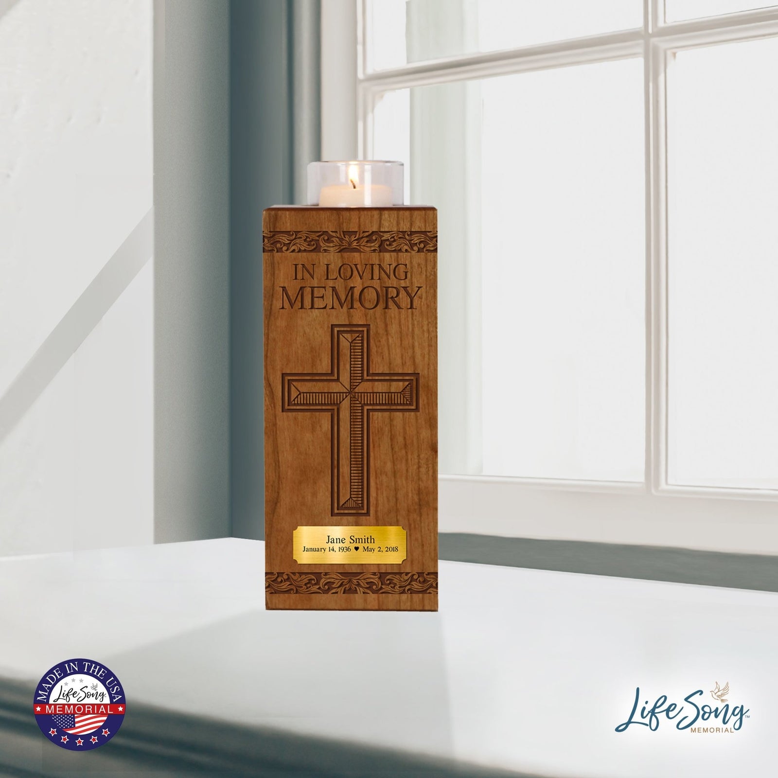 Custom Engraved Vertical 10x4 Memorial Votive Candle Holder and Keepsake Urn Box Holds 70 Cu Inches Of Human Ashes In Loving Memory Cross - LifeSong Milestones