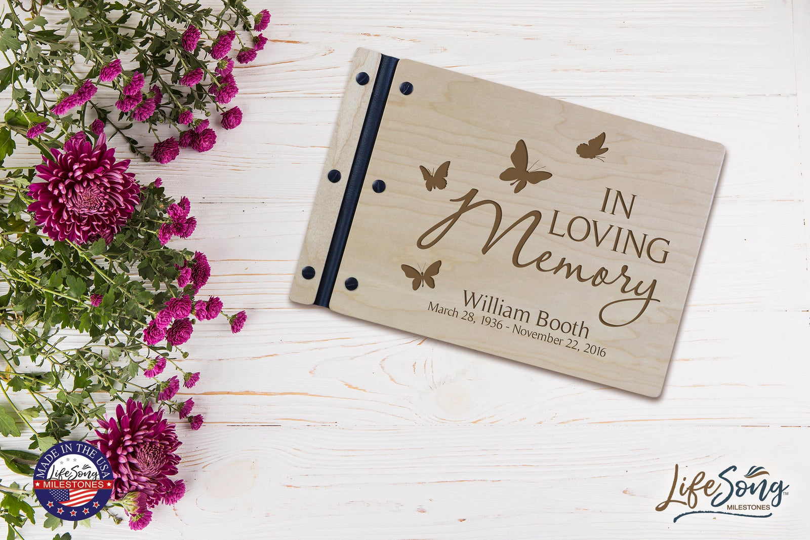 Custom Engraved Wooden Memorial Guestbook 12.375” x 8.5” x .75” In Loving Memory 2 - LifeSong Milestones