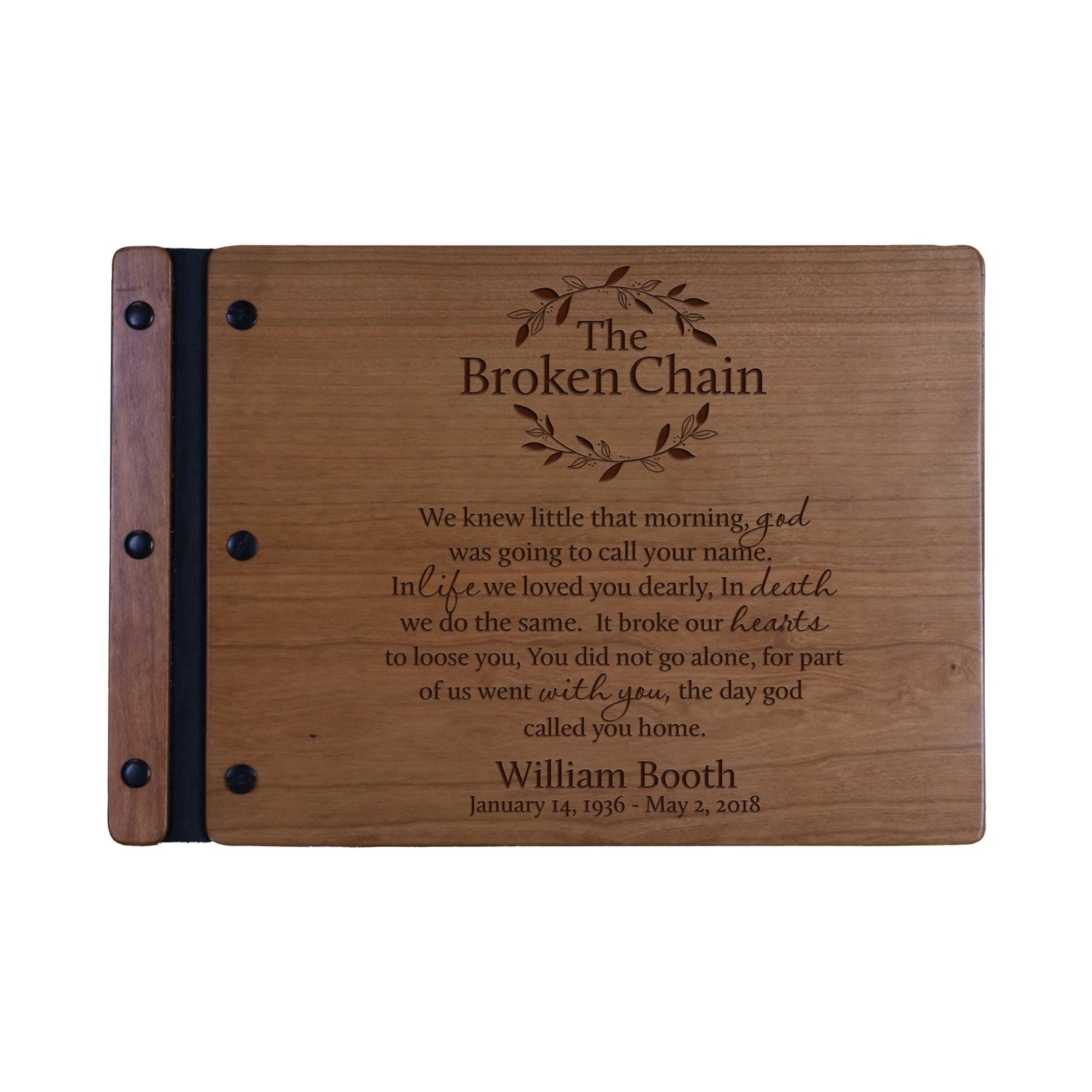 Custom Engraved Wooden Memorial Guestbook 12.375” x 8.5” x .75”- The Broken Chain - LifeSong Milestones