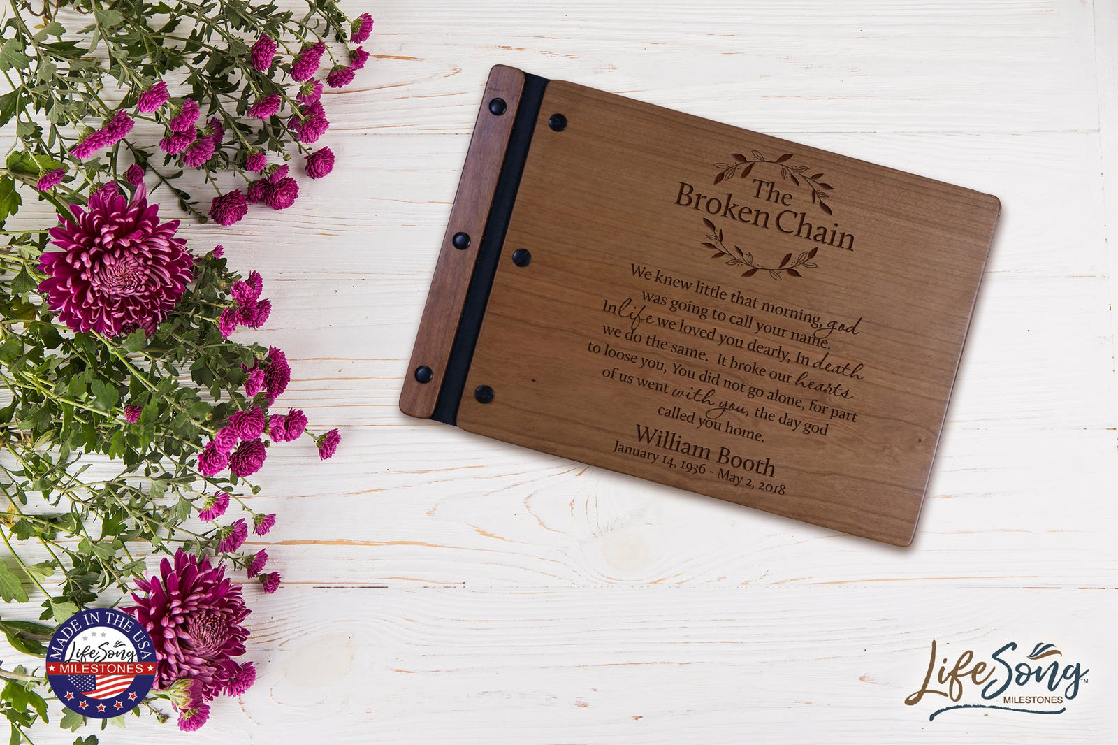 Custom Engraved Wooden Memorial Guestbook 12.375” x 8.5” x .75”- The Broken Chain - LifeSong Milestones