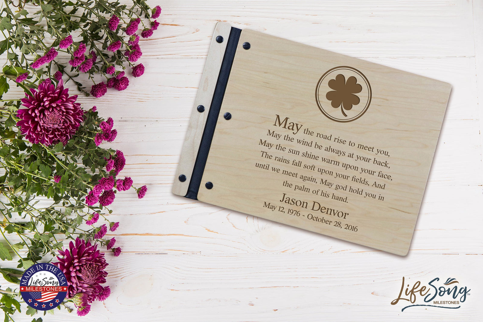 Custom Engraved Wooden Memorial Guestbook 13.375” x 10” x .75” May The Road Rise To Meet You - LifeSong Milestones