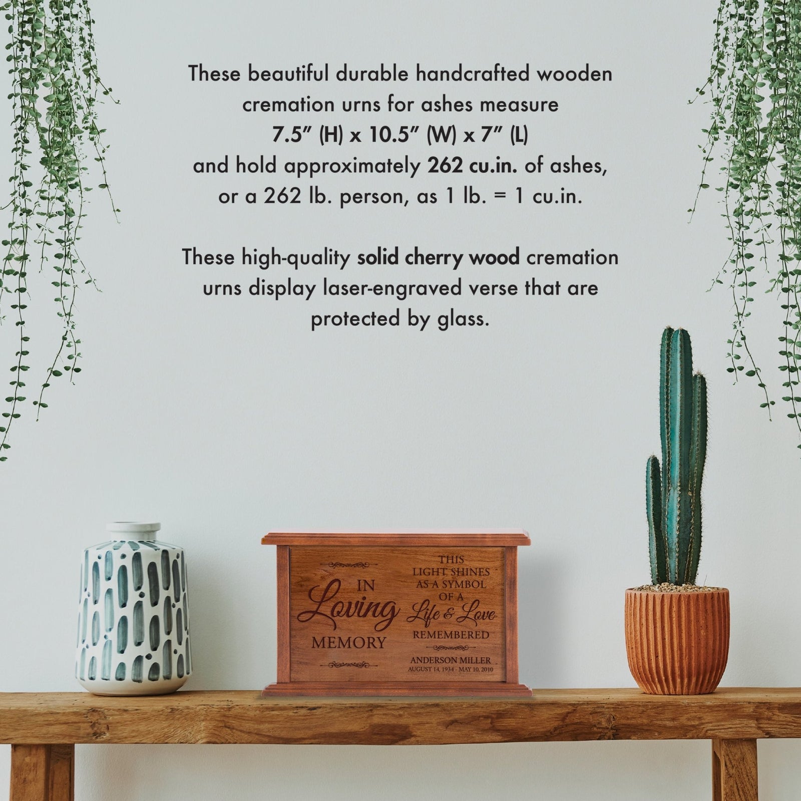 Custom Engraved Wooden Memorial Urns for Human Adult Ashes - In Loving Memory This Light - LifeSong Milestones