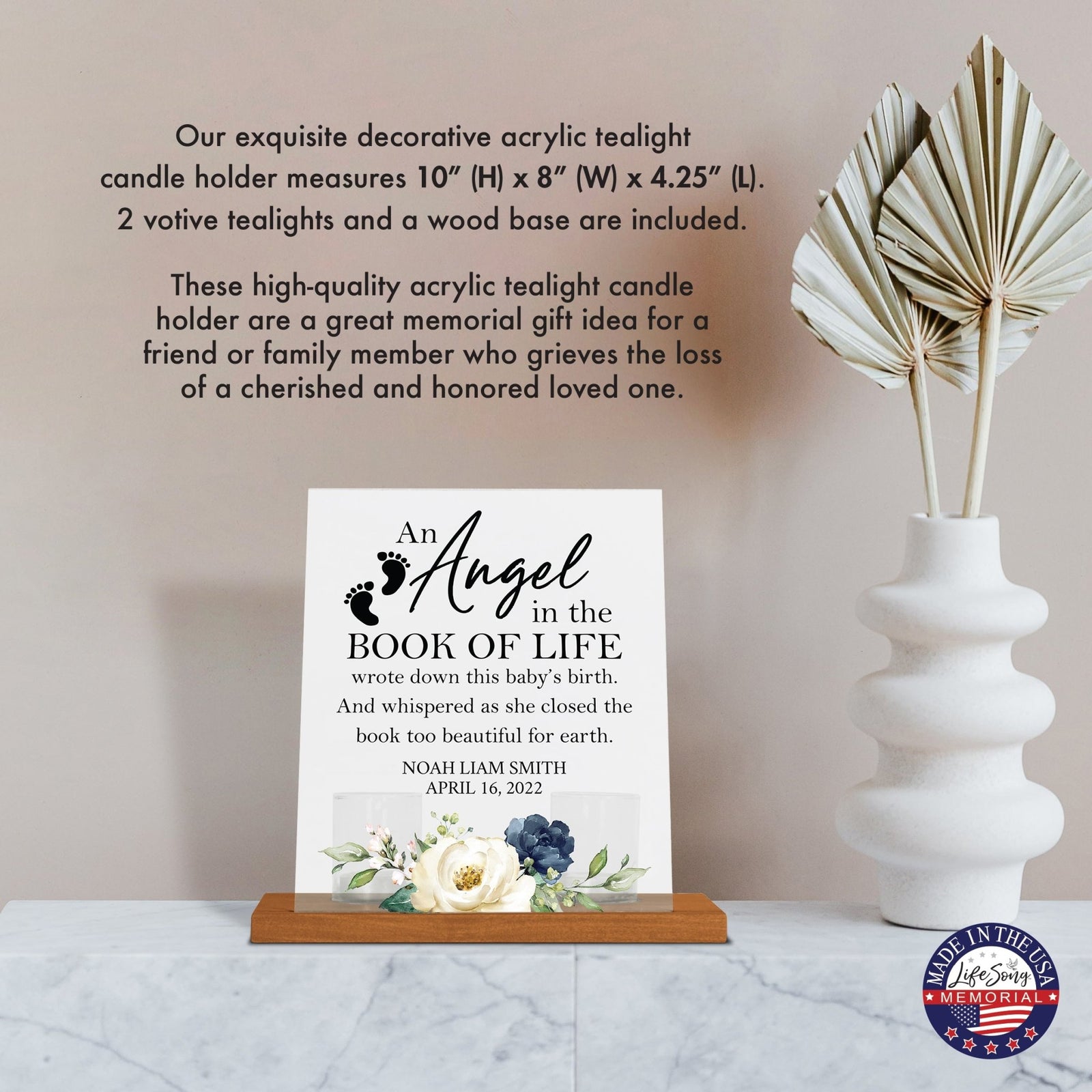Custom Frosted Acrylic Sign Tealight Candle Holder with Base - An Angel In The Book of Life - LifeSong Milestones