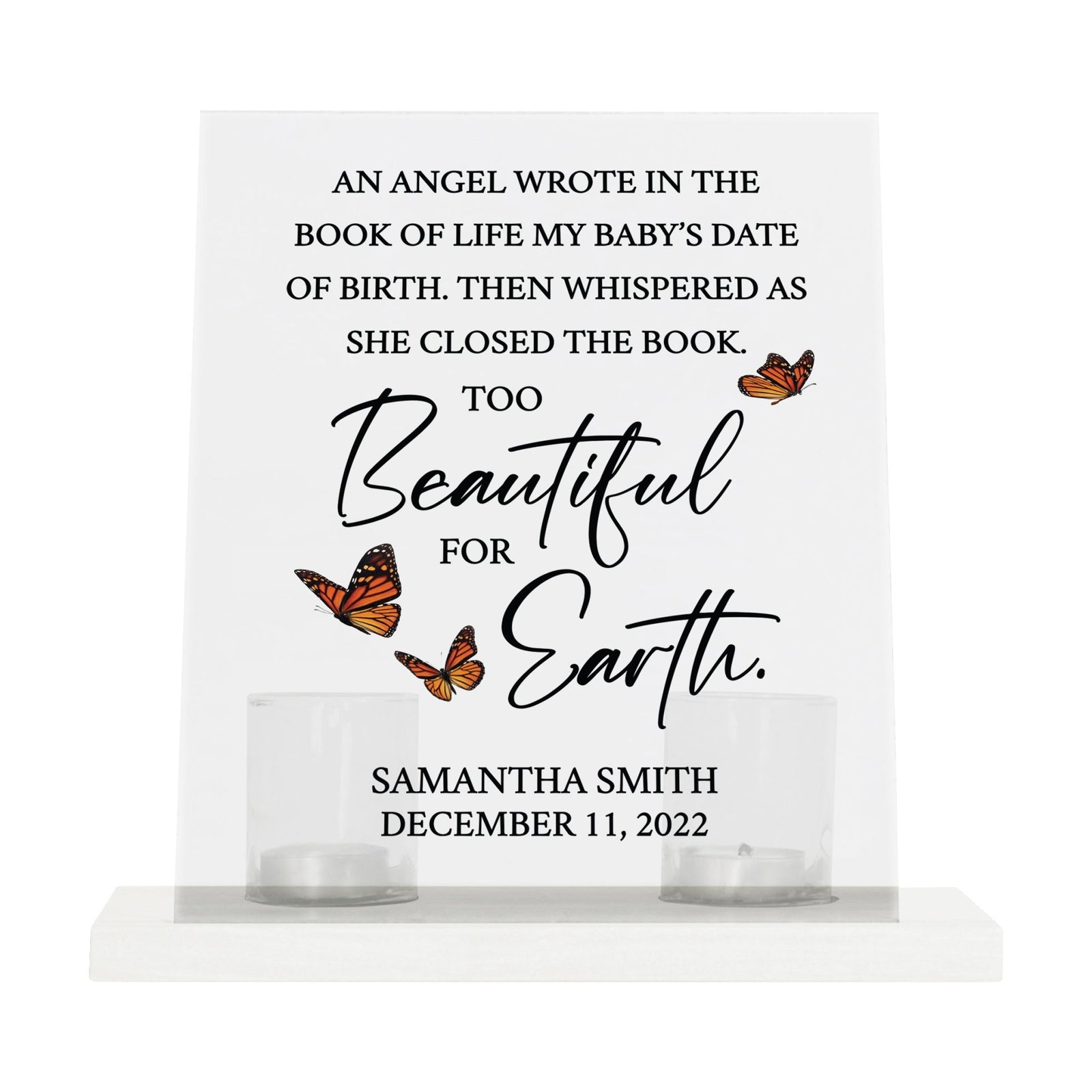 Custom Frosted Acrylic Sign Tealight Candle Holder with Base - An Angel In The Book of Life - LifeSong Milestones