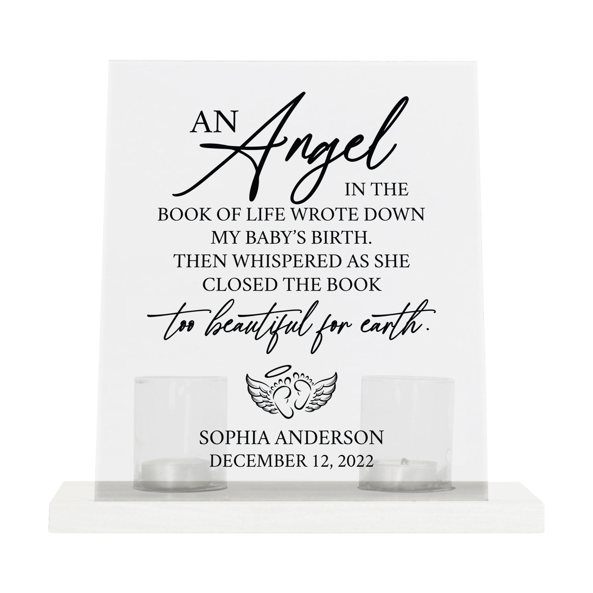 Custom Frosted Acrylic Sign Tealight Candle Holder with Base - An Angel In The Book of Life - LifeSong Milestones