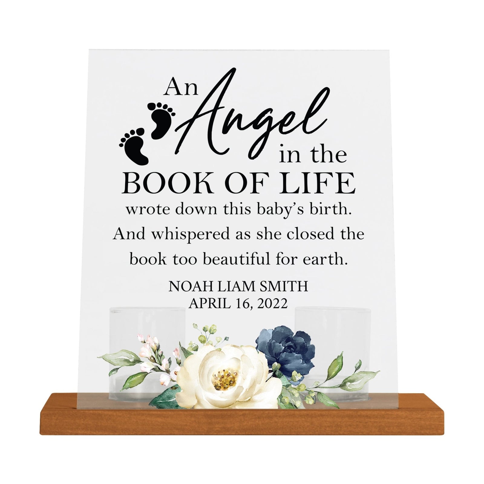 Custom Frosted Acrylic Sign Tealight Candle Holder with Base - An Angel In The Book of Life - LifeSong Milestones