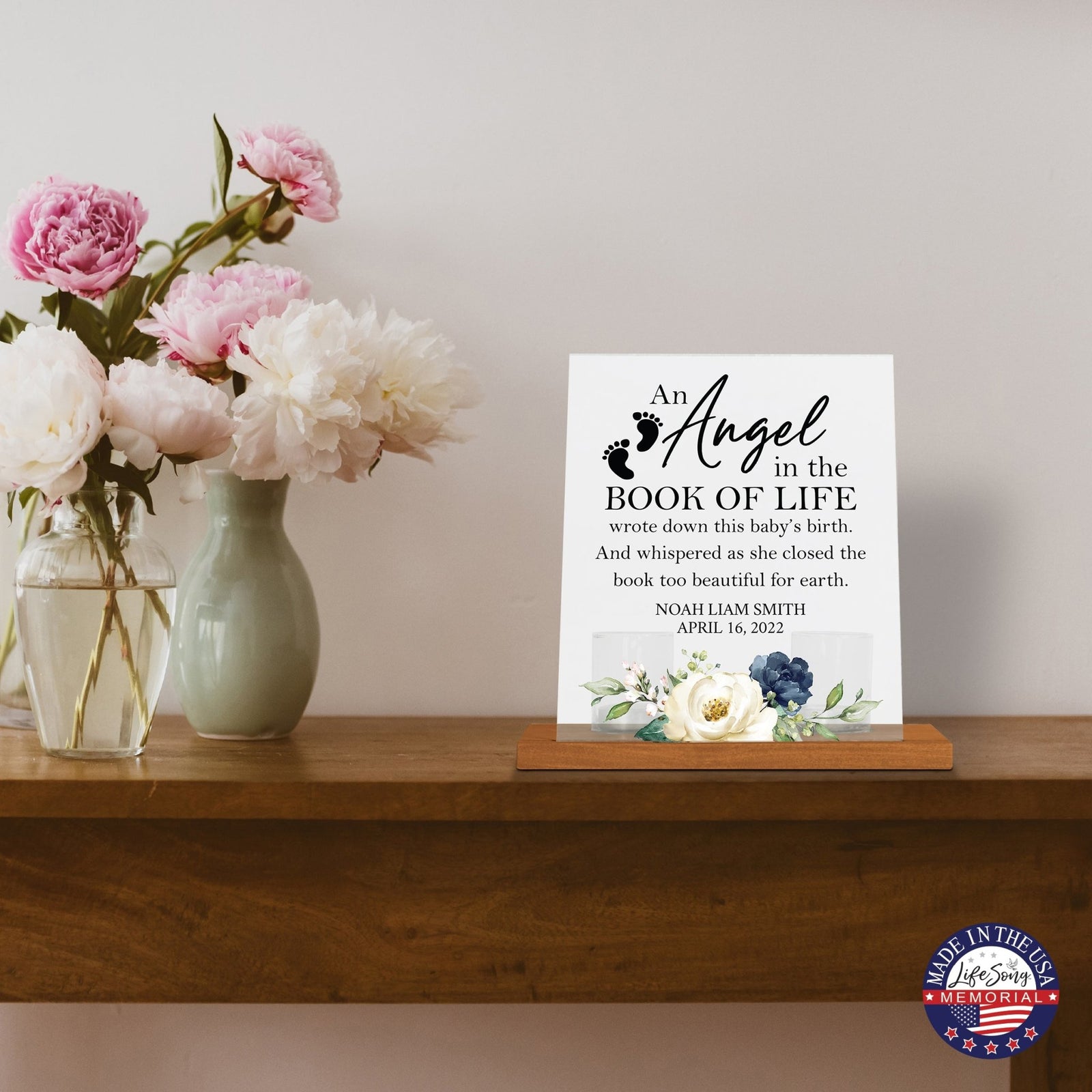 Custom Frosted Acrylic Sign Tealight Candle Holder with Base - An Angel In The Book of Life - LifeSong Milestones