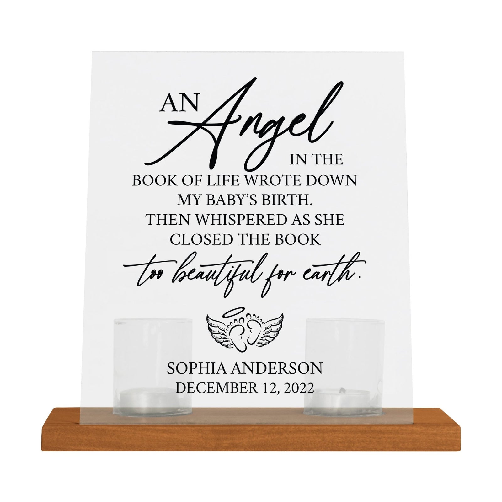 Custom Frosted Acrylic Sign Tealight Candle Holder with Base - An Angel In The Book of Life - LifeSong Milestones