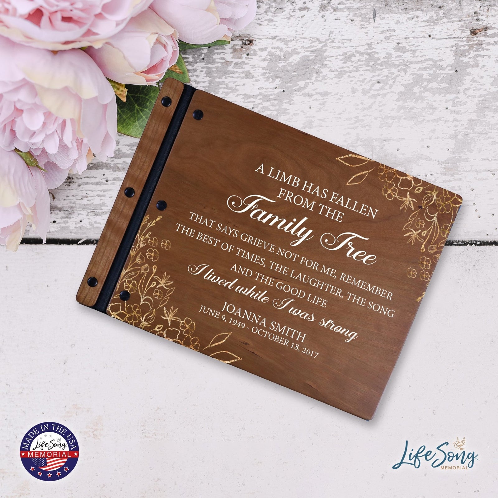 Custom Large Wooden Memorial Guestbook 13.375x10in - A Limb Has Fallen (Cherry) - LifeSong Milestones