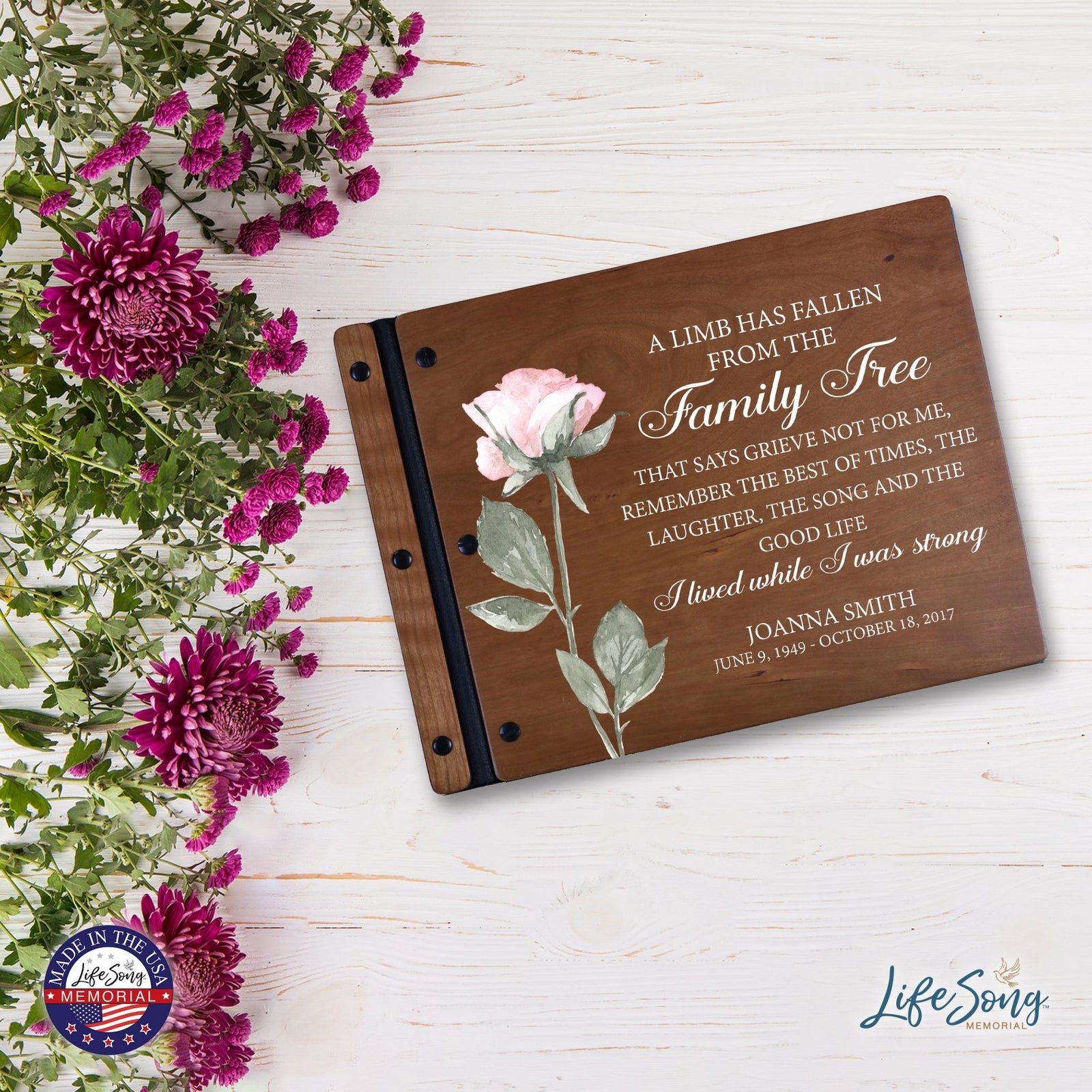 Custom Large Wooden Memorial Guestbook 13.375x10in - A Limb Has Fallen (Cherry) - LifeSong Milestones