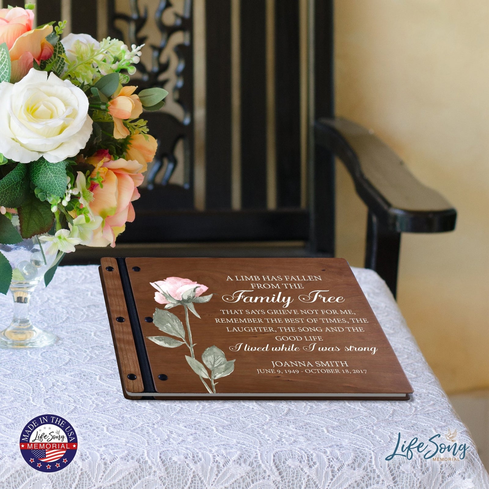 Custom Large Wooden Memorial Guestbook 13.375x10in - A Limb Has Fallen (Cherry) - LifeSong Milestones