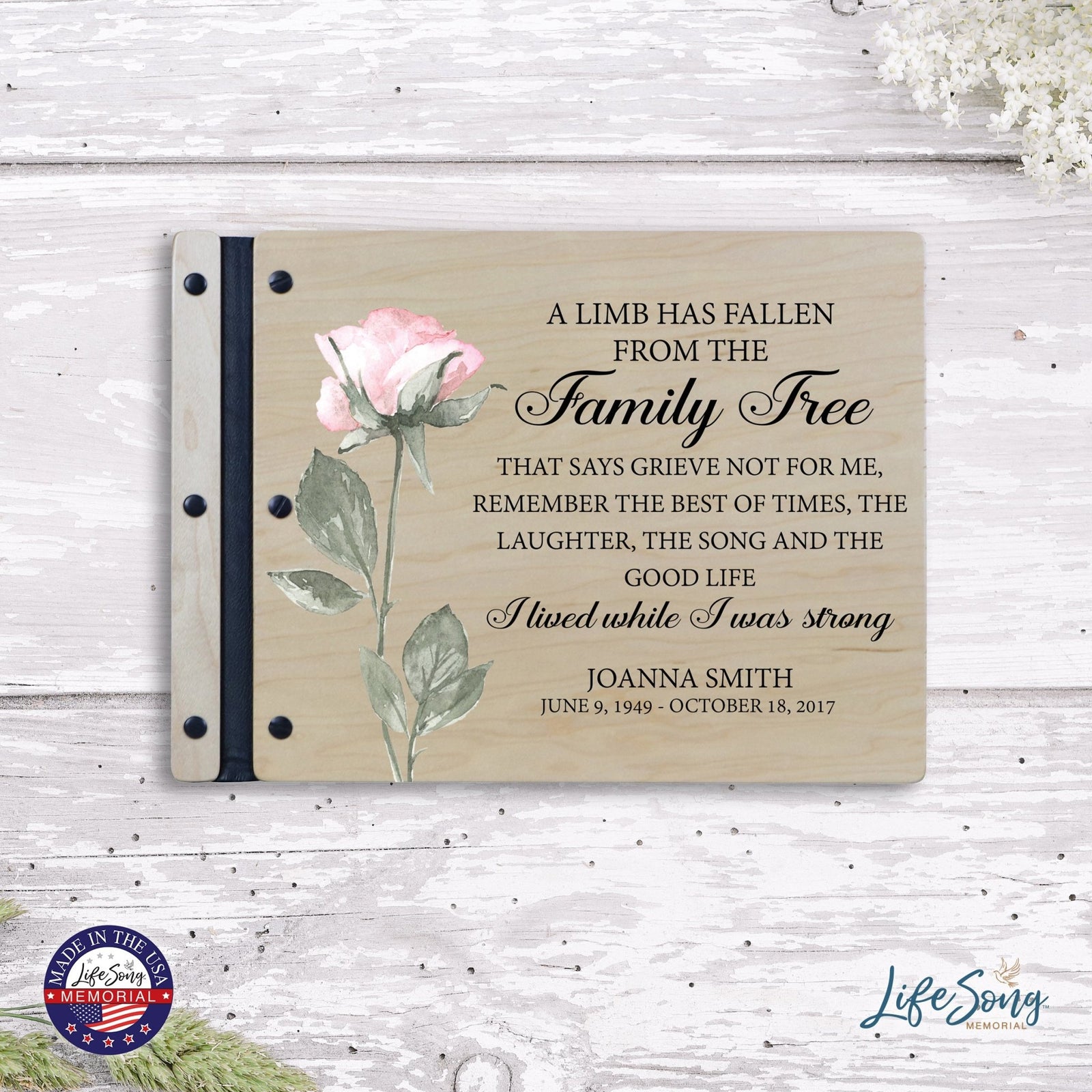 Custom Large Wooden Memorial Guestbook 13.375x10in - A Limb Has Fallen (rose) - LifeSong Milestones