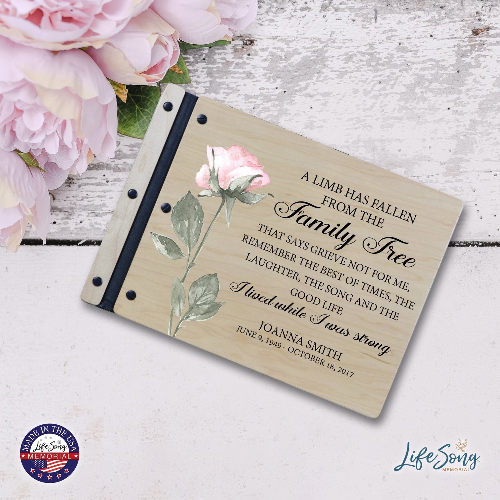 Custom Large Wooden Memorial Guestbook 13.375x10in - A Limb Has Fallen (rose) - LifeSong Milestones