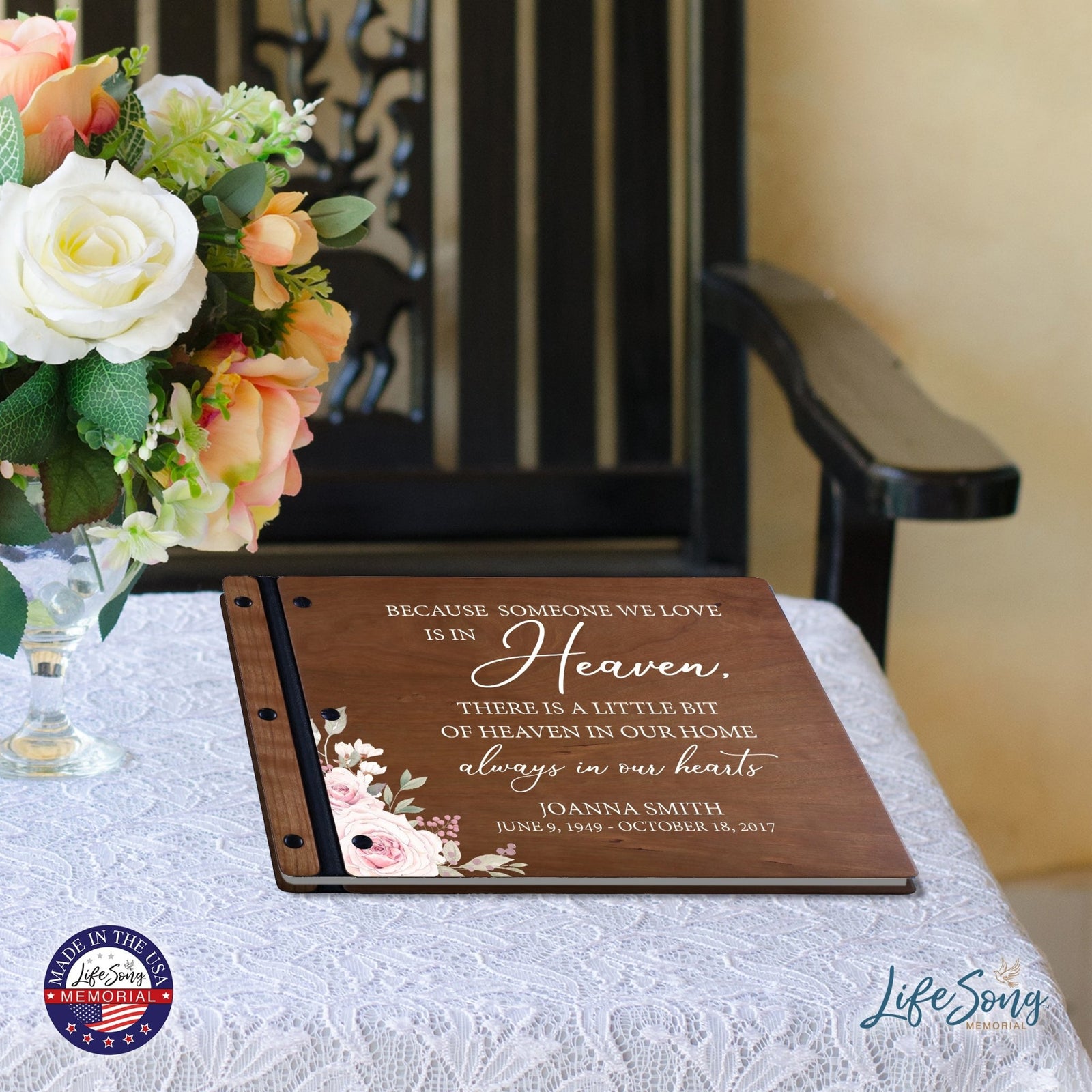 Custom Large Wooden Memorial Guestbook 13.375x10in - Because Someone (Cherry) - LifeSong Milestones