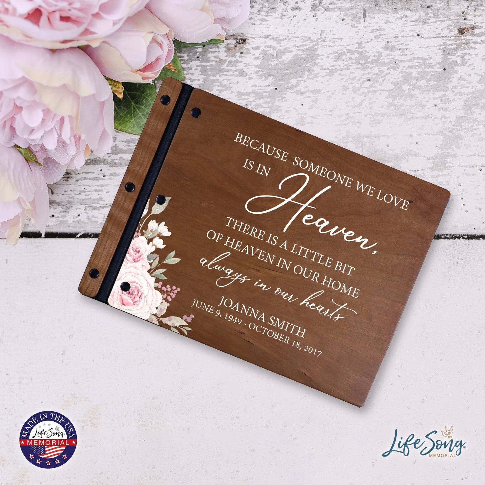 Custom Large Wooden Memorial Guestbook 13.375x10in - Because Someone (Cherry) - LifeSong Milestones