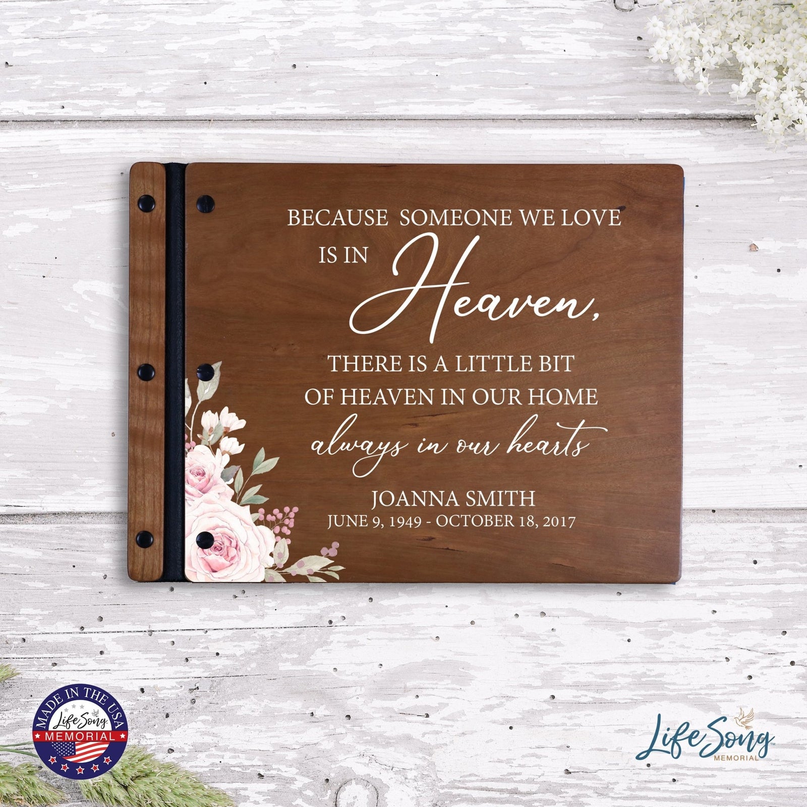 Custom Large Wooden Memorial Guestbook 13.375x10in - Because Someone (Cherry) - LifeSong Milestones