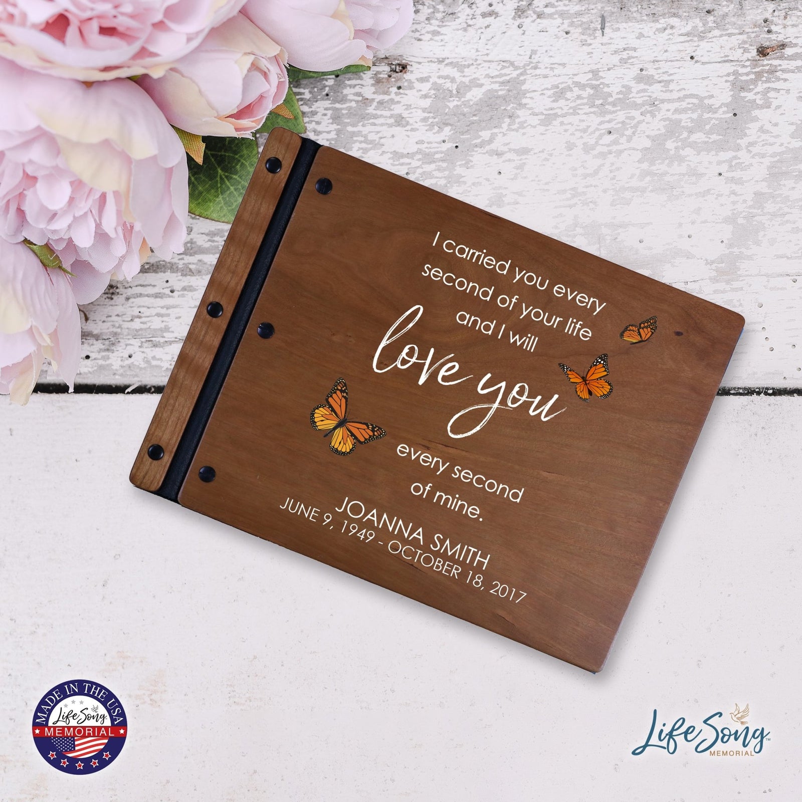 Custom Large Wooden Memorial Guestbook 13.375x10in - I Carried You (Butterflies) - LifeSong Milestones