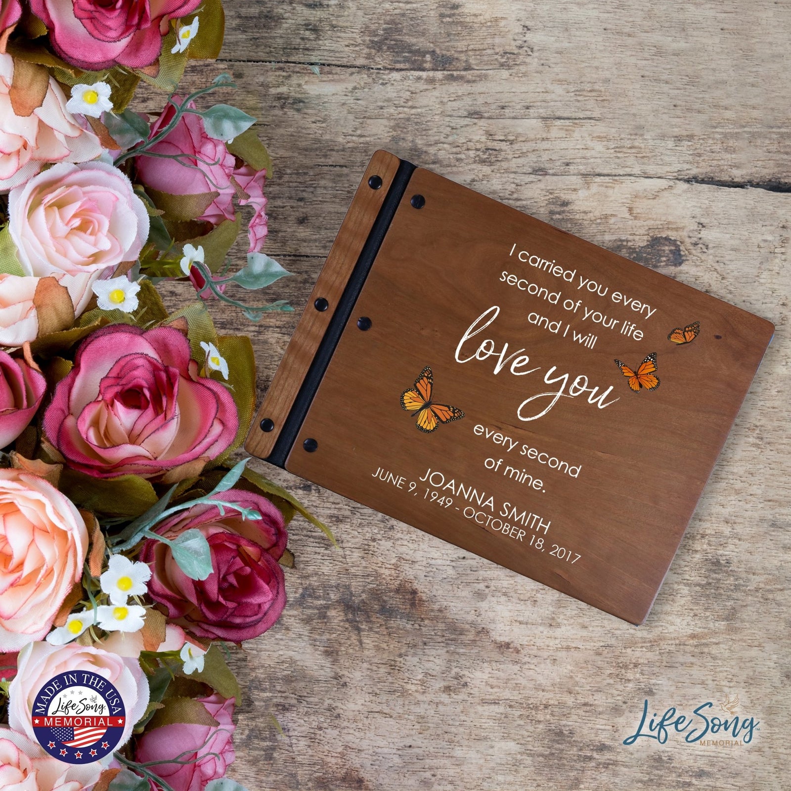 Custom Large Wooden Memorial Guestbook 13.375x10in - I Carried You (Butterflies) - LifeSong Milestones