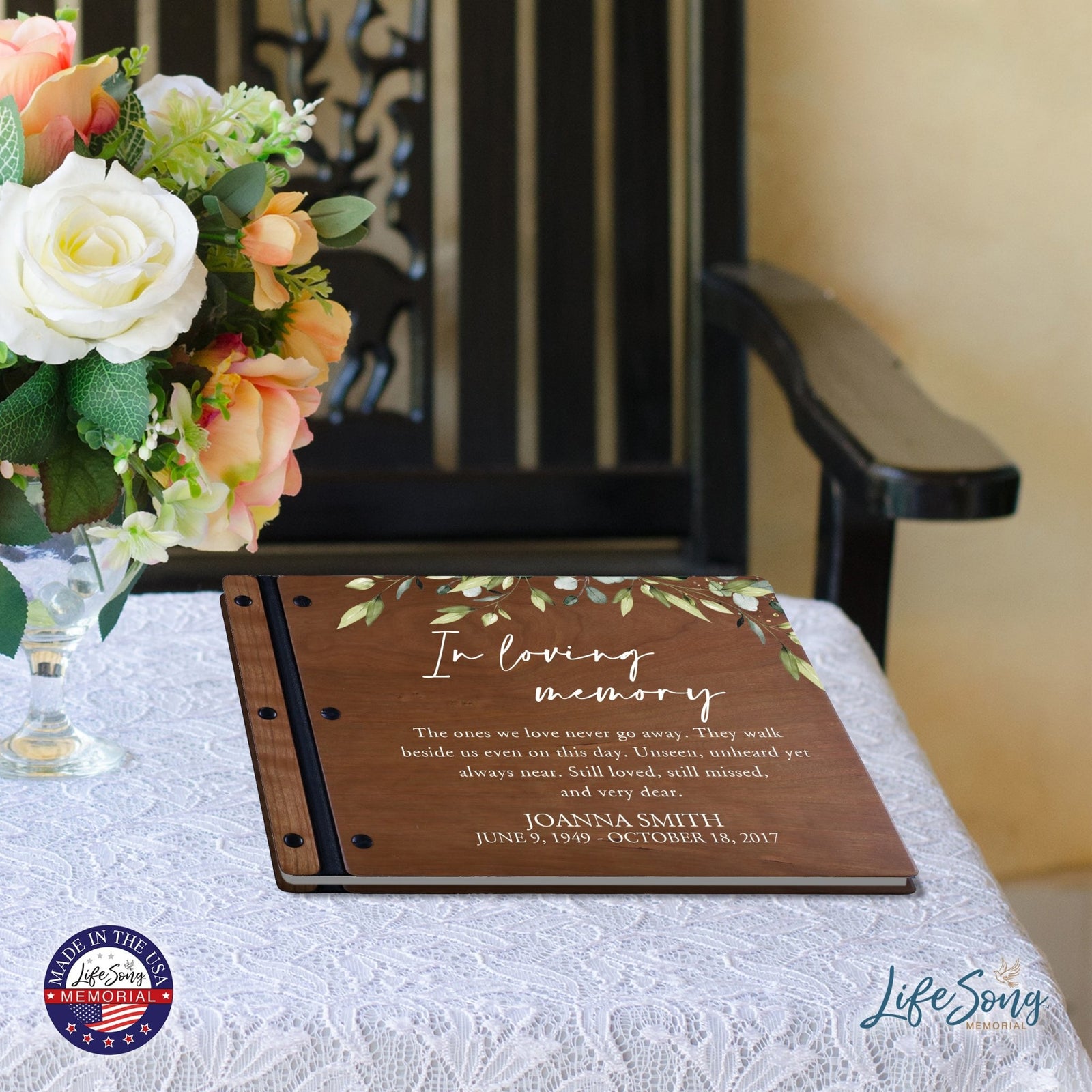 Custom Large Wooden Memorial Guestbook 13.375x10in - In Loving Memory (Cherry) - LifeSong Milestones