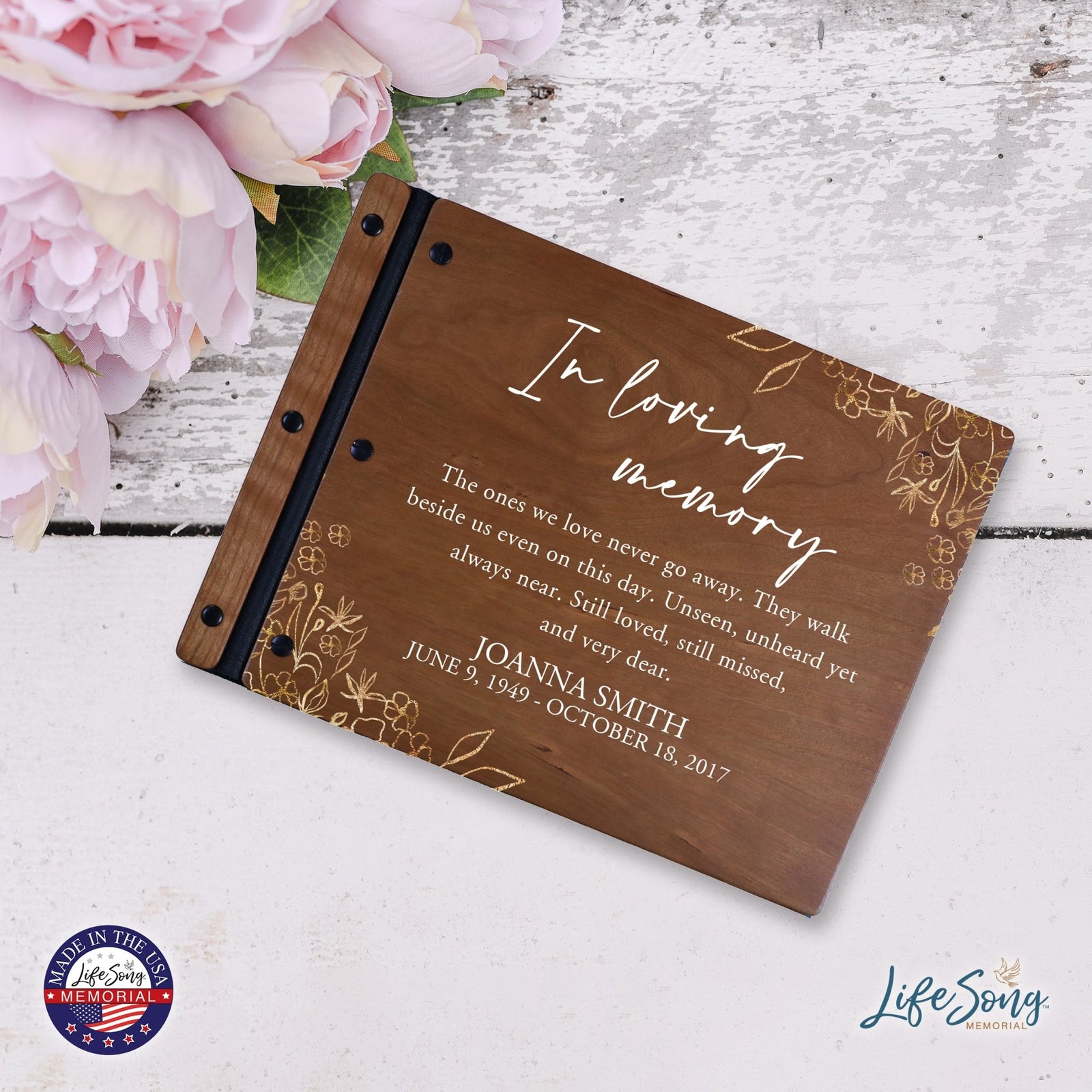 Custom Large Wooden Memorial Guestbook 13.375x10in - In Loving Memory (Cherry) - LifeSong Milestones