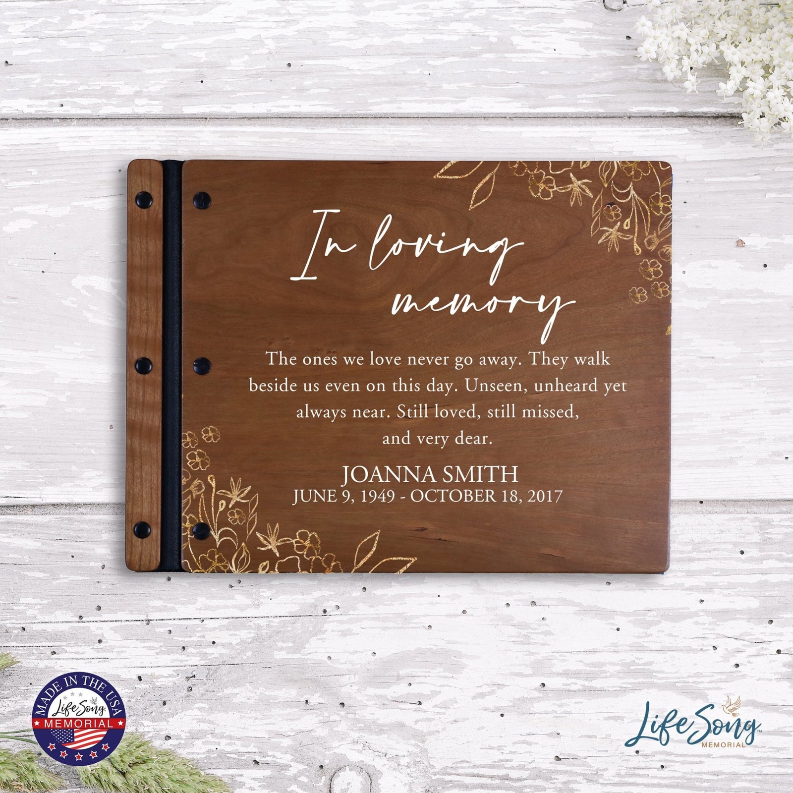 Custom Large Wooden Memorial Guestbook 13.375x10in - In Loving Memory (Cherry) - LifeSong Milestones