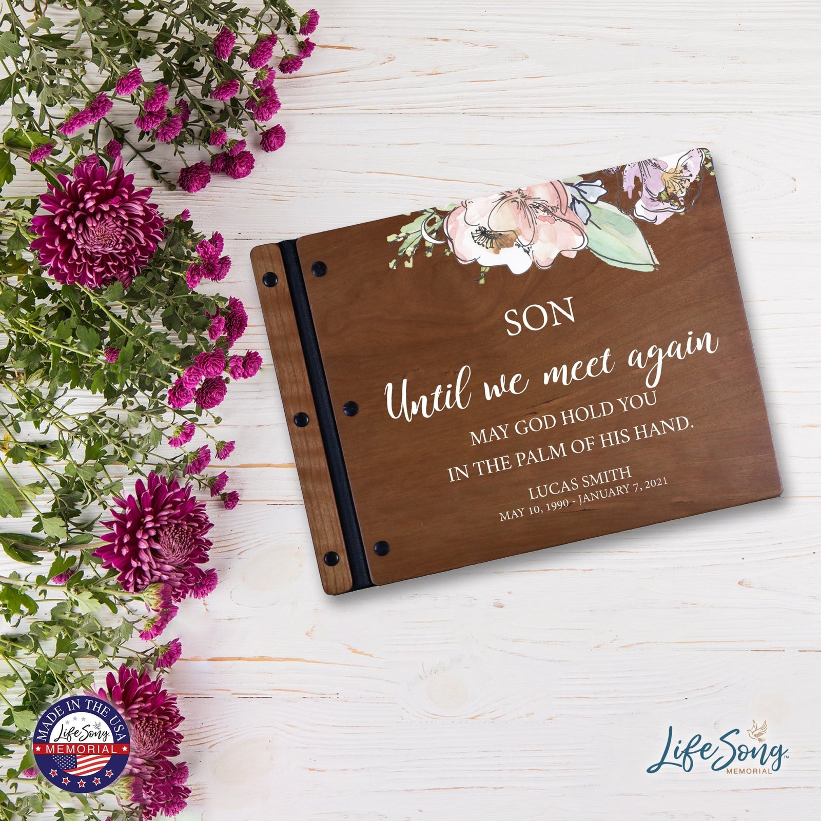 Custom Large Wooden Memorial Guestbook 13.375x10in - Until We Meet Again (Cherry) - LifeSong Milestones