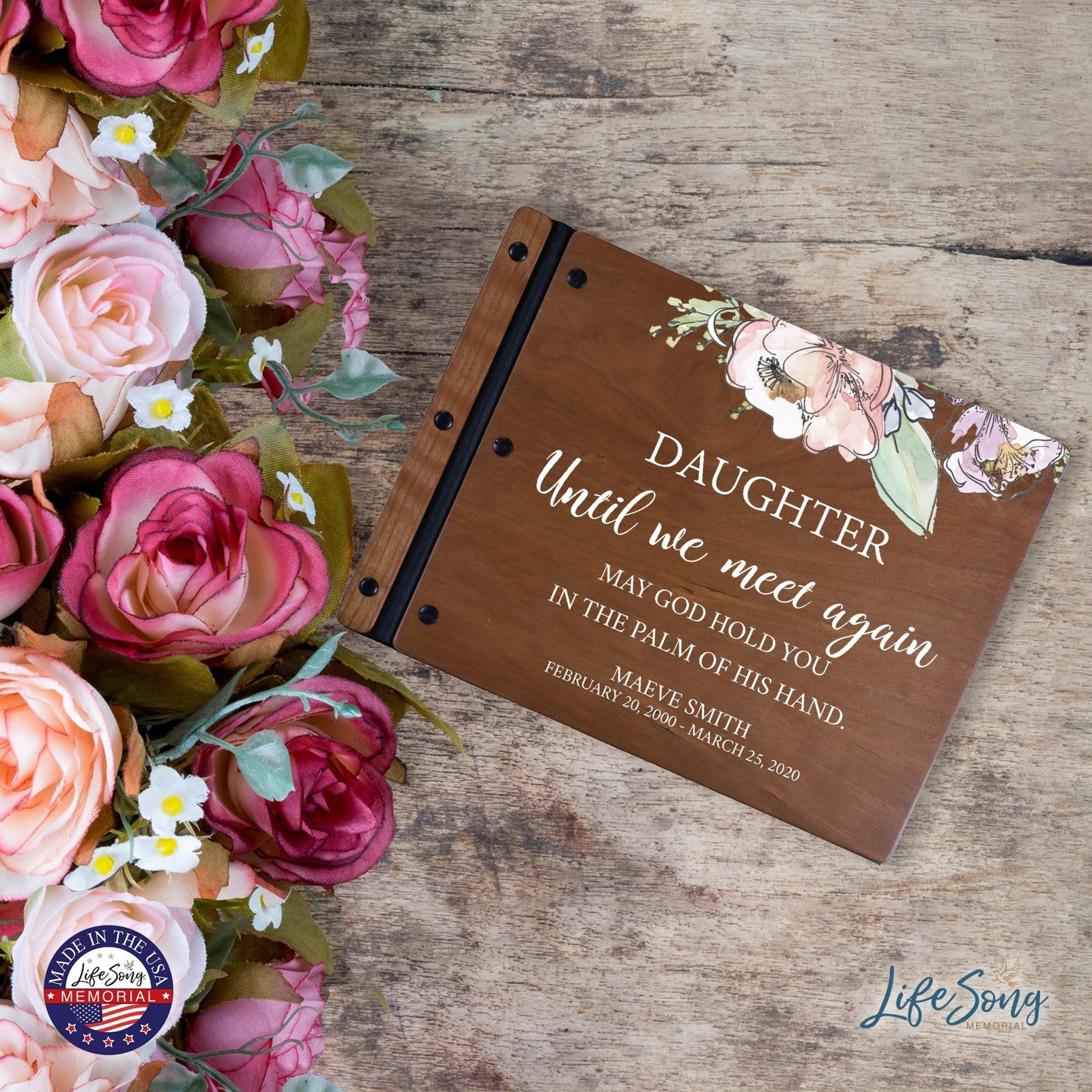 Custom Large Wooden Memorial Guestbook 13.375x10in - Until We Meet Again (Cherry) - LifeSong Milestones