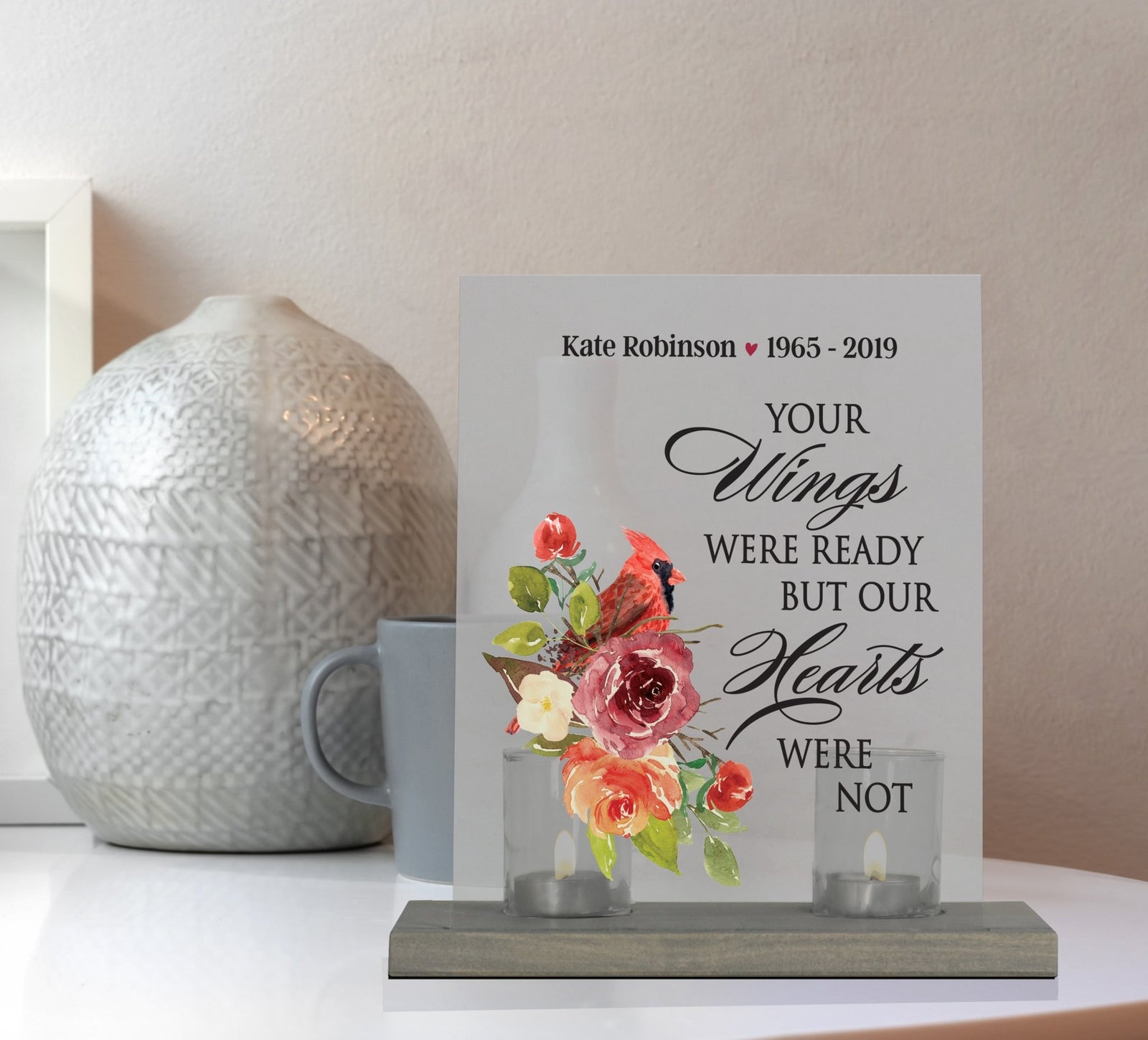 Custom Memorial Acrylic Sign with Base and Votive Candle Holder Your Wings - LifeSong Milestones