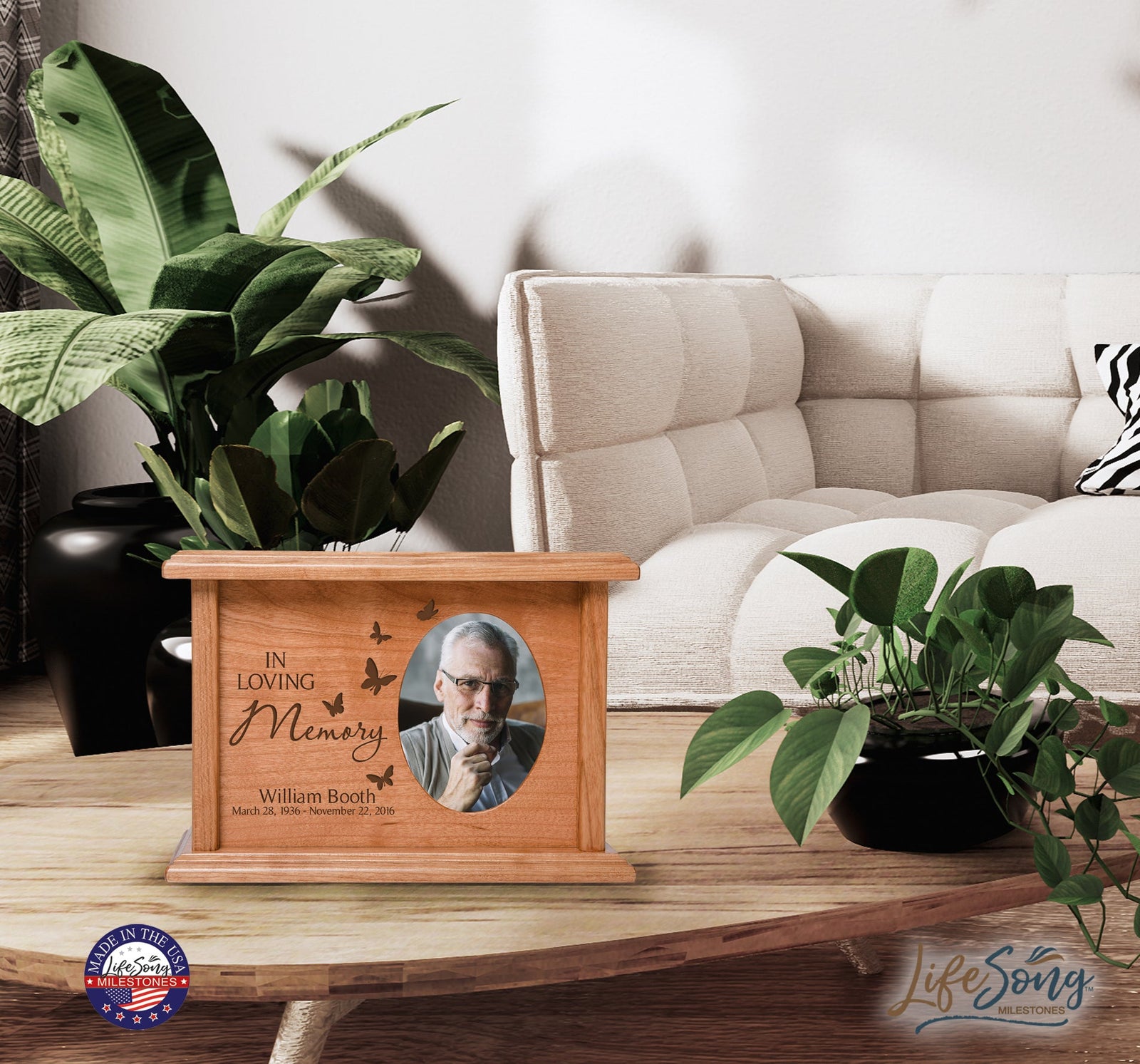 Custom Memorial Cremation Urn Box for Human Ashes holds 2x3 photo and holds 65 cu in In Loving Memory (butterflies) - LifeSong Milestones