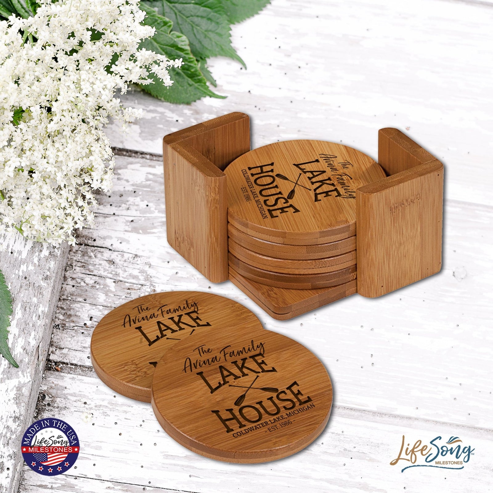 Custom Modern Inspirational 6pc Bamboo Coaster Set 4.5x4.5 Lake House (paddles) - LifeSong Milestones