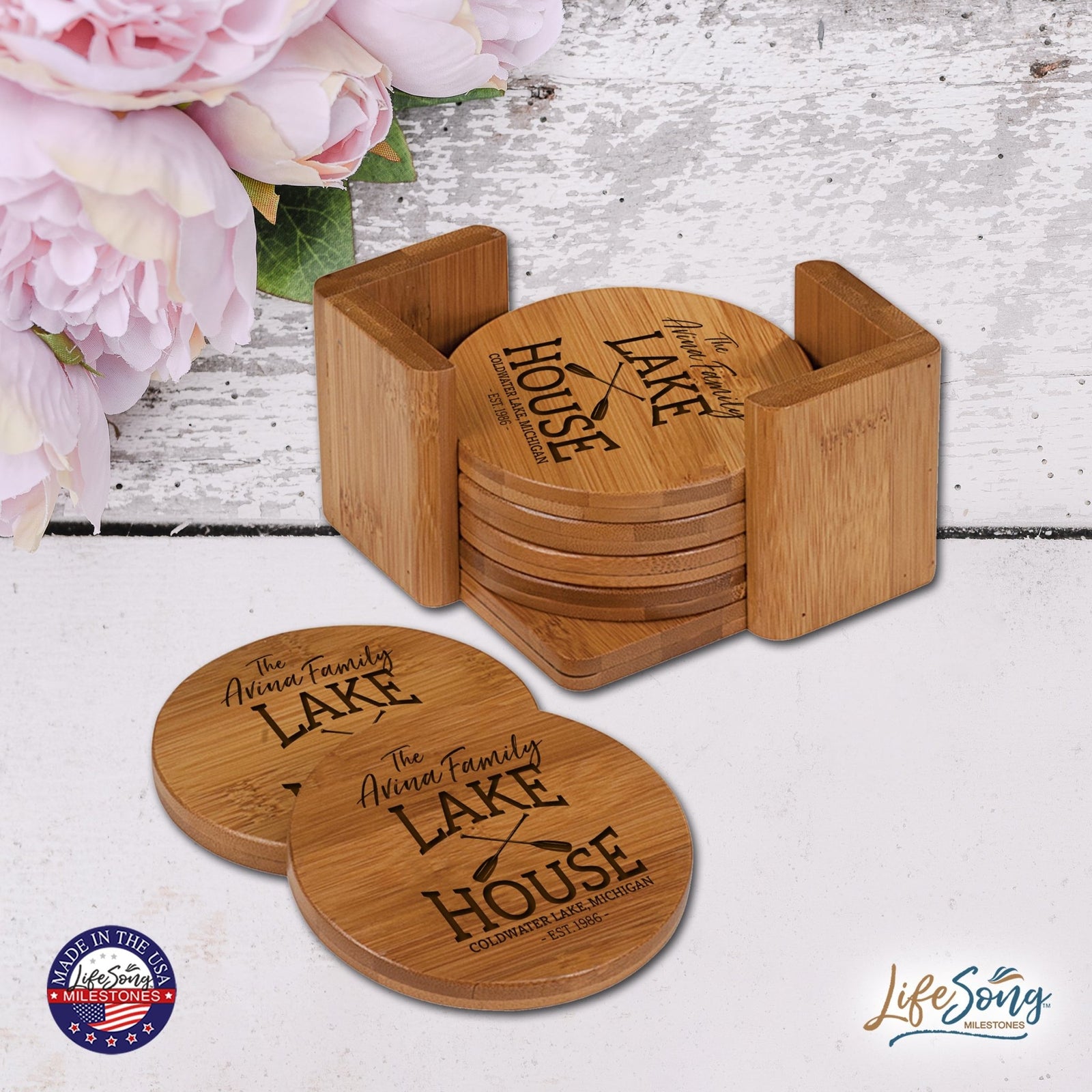 Custom Modern Inspirational 6pc Bamboo Coaster Set 4.5x4.5 Lake House (paddles) - LifeSong Milestones