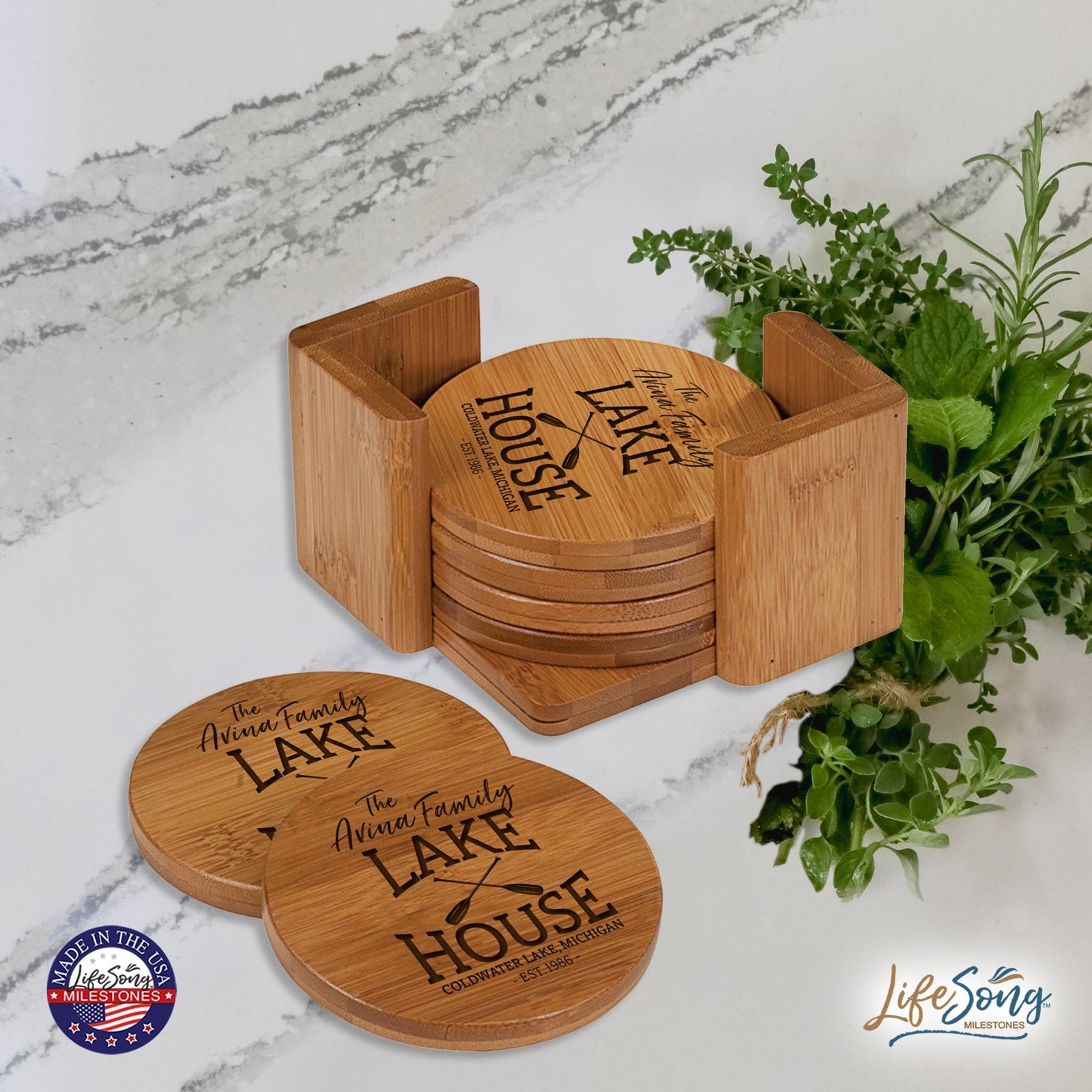 Custom Modern Inspirational 6pc Bamboo Coaster Set 4.5x4.5 Lake House (paddles) - LifeSong Milestones