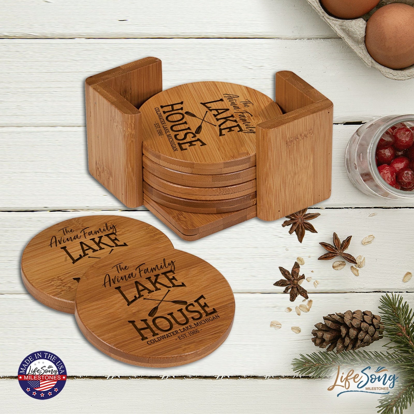 Custom Modern Inspirational 6pc Bamboo Coaster Set 4.5x4.5 Lake House (paddles) - LifeSong Milestones