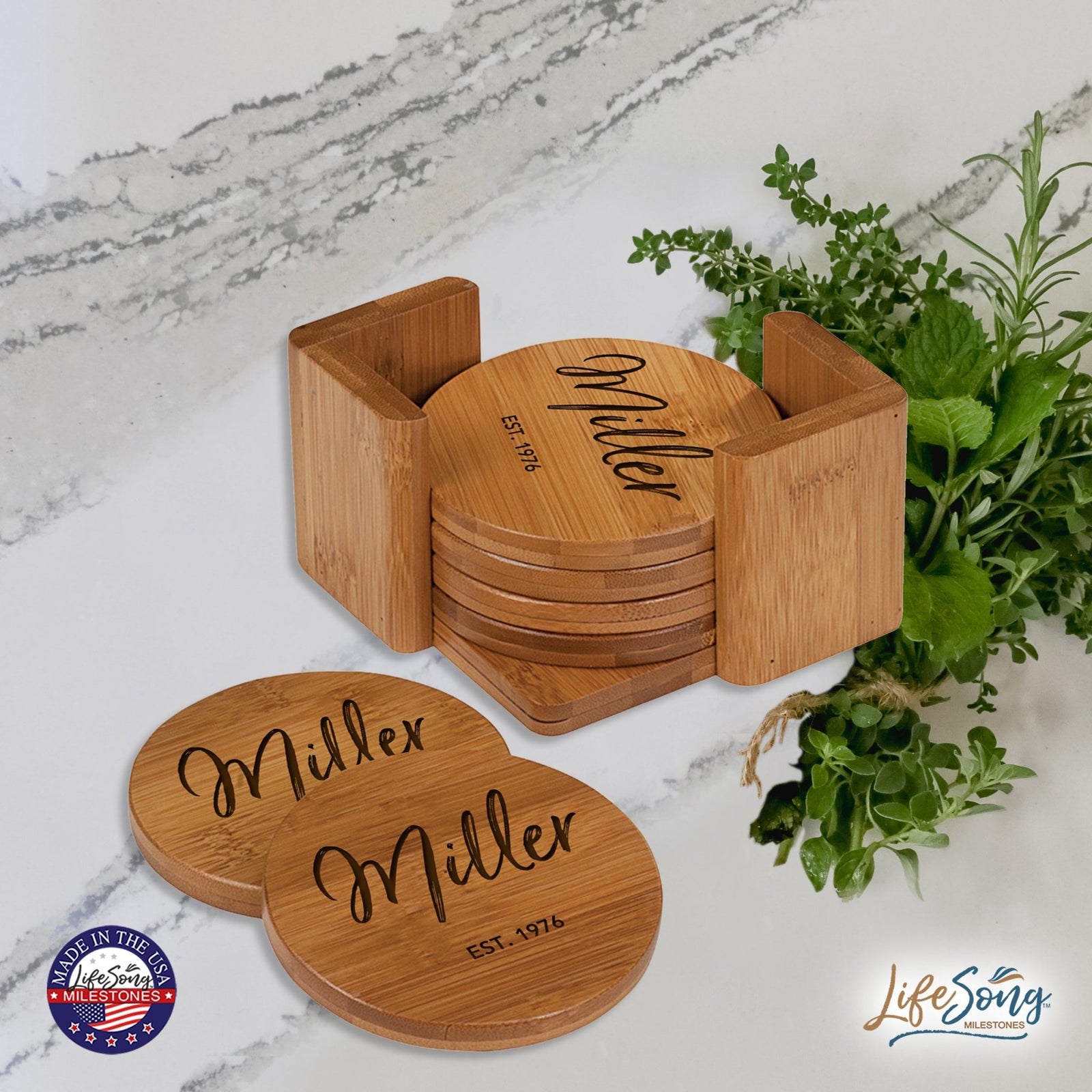 Custom Modern Inspirational 6pc Bamboo Coaster Set 4.5x4.5 Last Name, Year (circle) - LifeSong Milestones