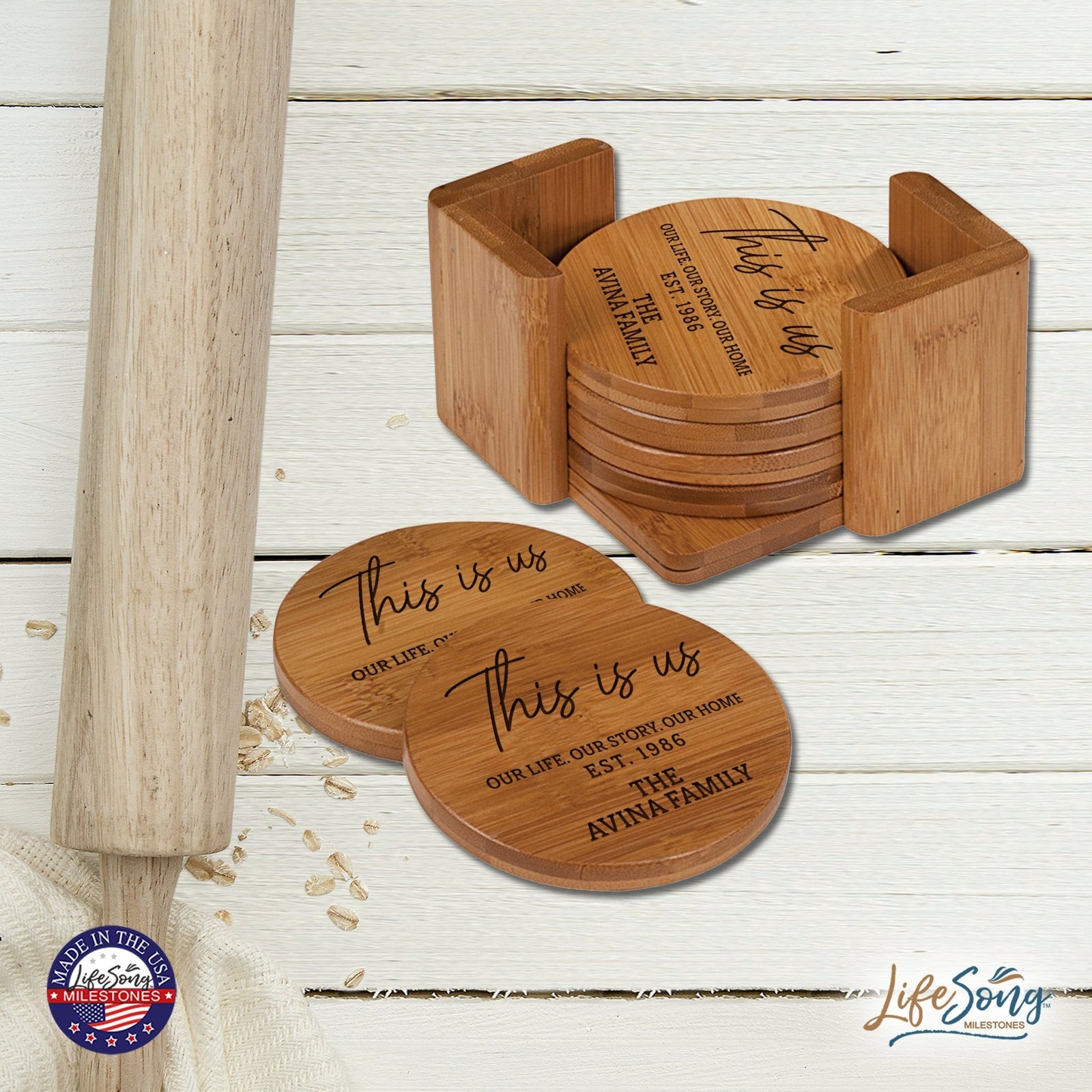 Custom Modern Inspirational 6pc Bamboo Coaster Set 4.5x4.5 This Is Us - LifeSong Milestones