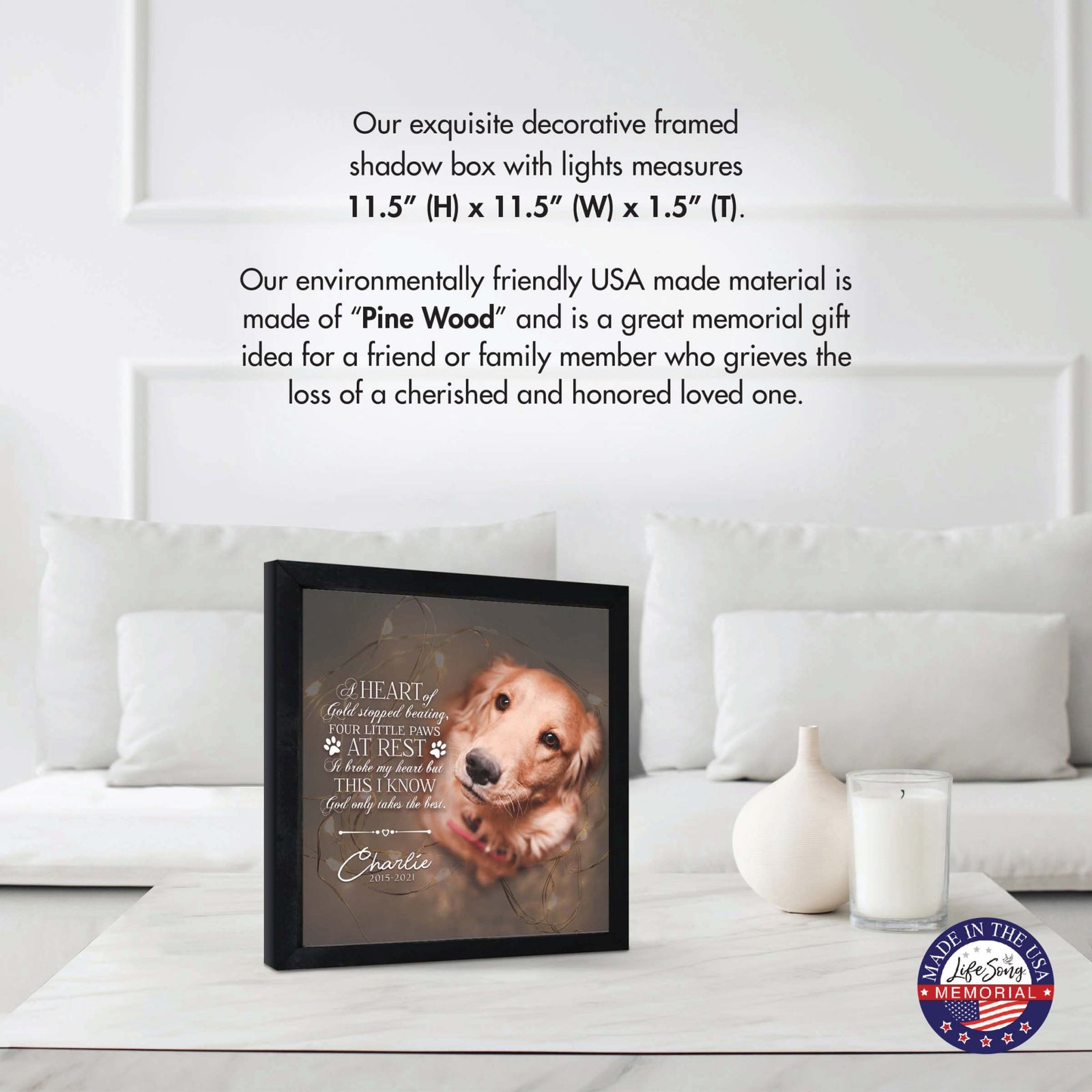 Custom Pet Memorial Framed Shadow Box Wall Décor for the Loss of Beloved Pet - A Heart Of Gold - LifeSong Milestones