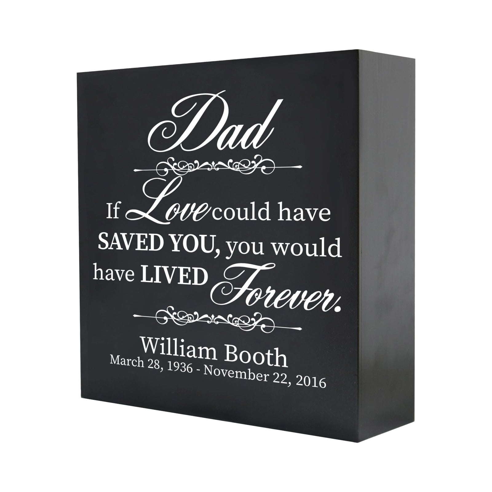 Detailed view of a sleek wooden shadow box urn for human ashes adult, memorializing dad with a heartfelt quote in elegant white script, ideal for preserving cherished memories.