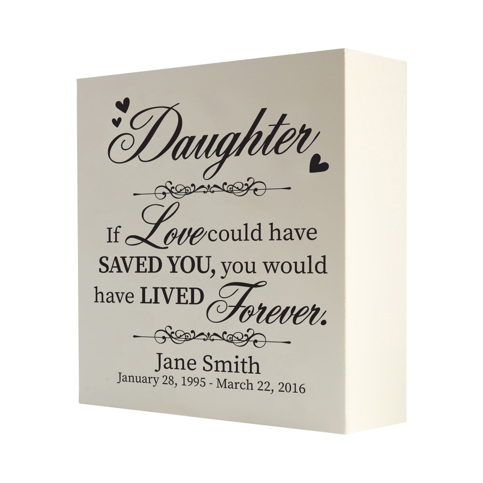 Detailed view of a sleek wooden shadow box urn for human ashes adult, memorializing a daughter with a heartfelt quote in elegant white script, ideal for preserving cherished memories.