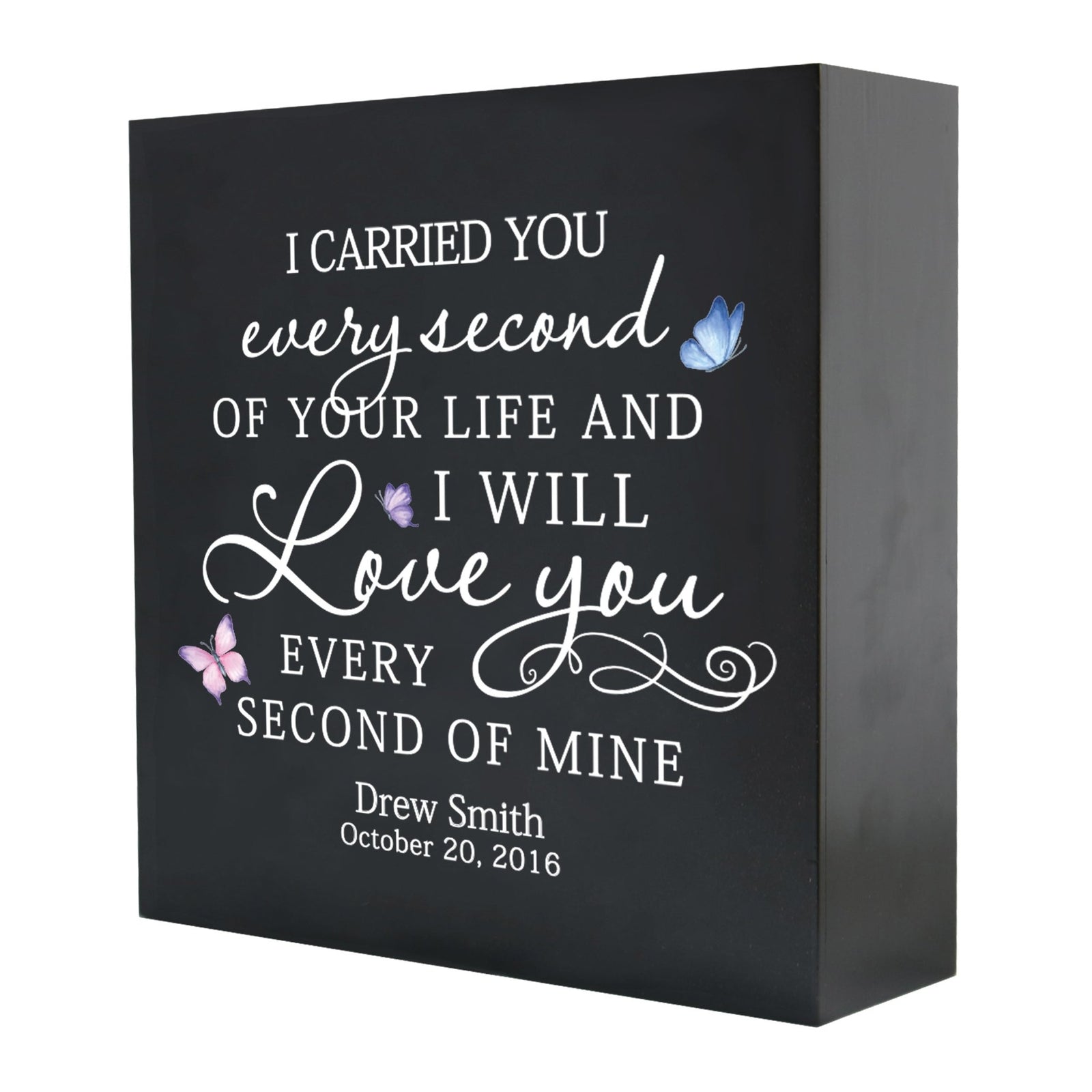 Custom Lifesong Milestones Memorial Shadow Box Urn for human ashes, showcasing a heartfelt message of love and remembrance. The black wooden shadow box includes colorful butterfly designs and personalized details, ideal for honoring a cherished loved one with elegance and grace.