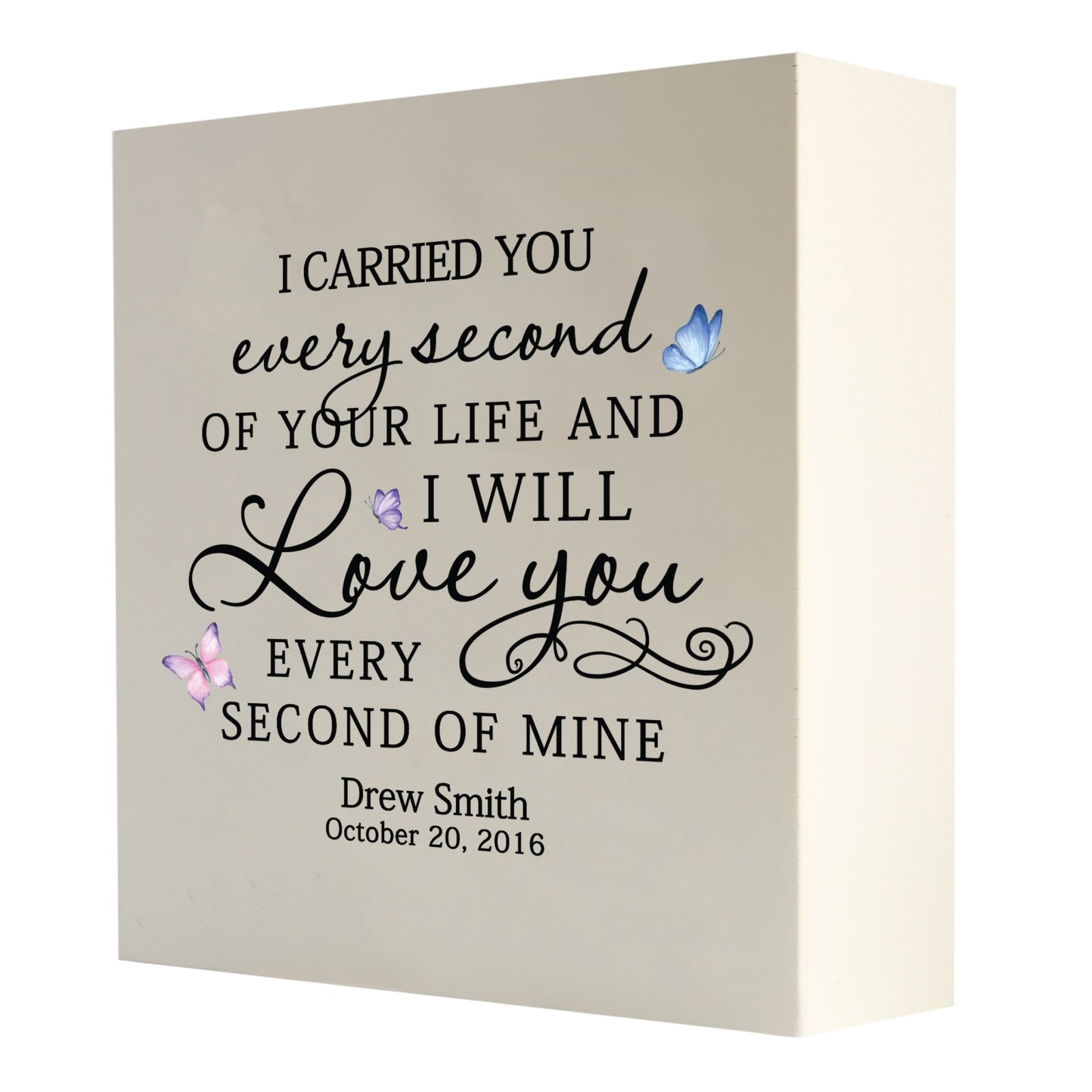 Custom Lifesong Milestones Memorial Shadow Box Urn for human ashes, showcasing a heartfelt message of love and remembrance. The white wooden shadow box includes colorful butterfly designs and personalized details, ideal for honoring a cherished loved one with elegance and grace.